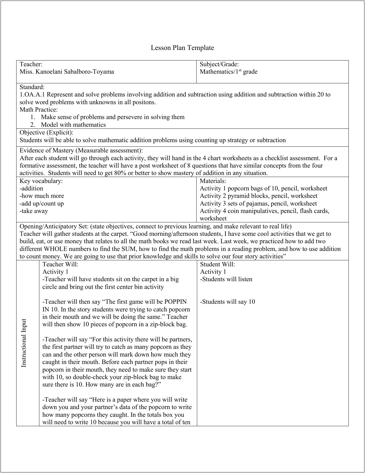 First Grade Math Lesson Plan Template