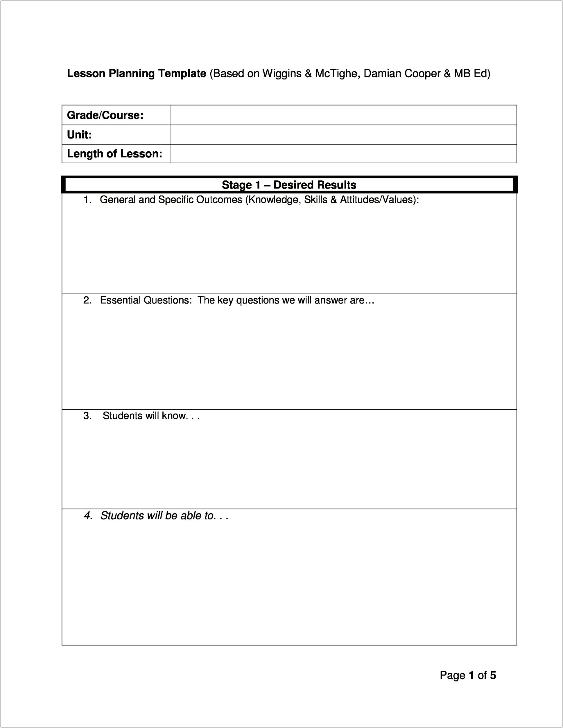 First Grade Teacher Lesson Plan Template