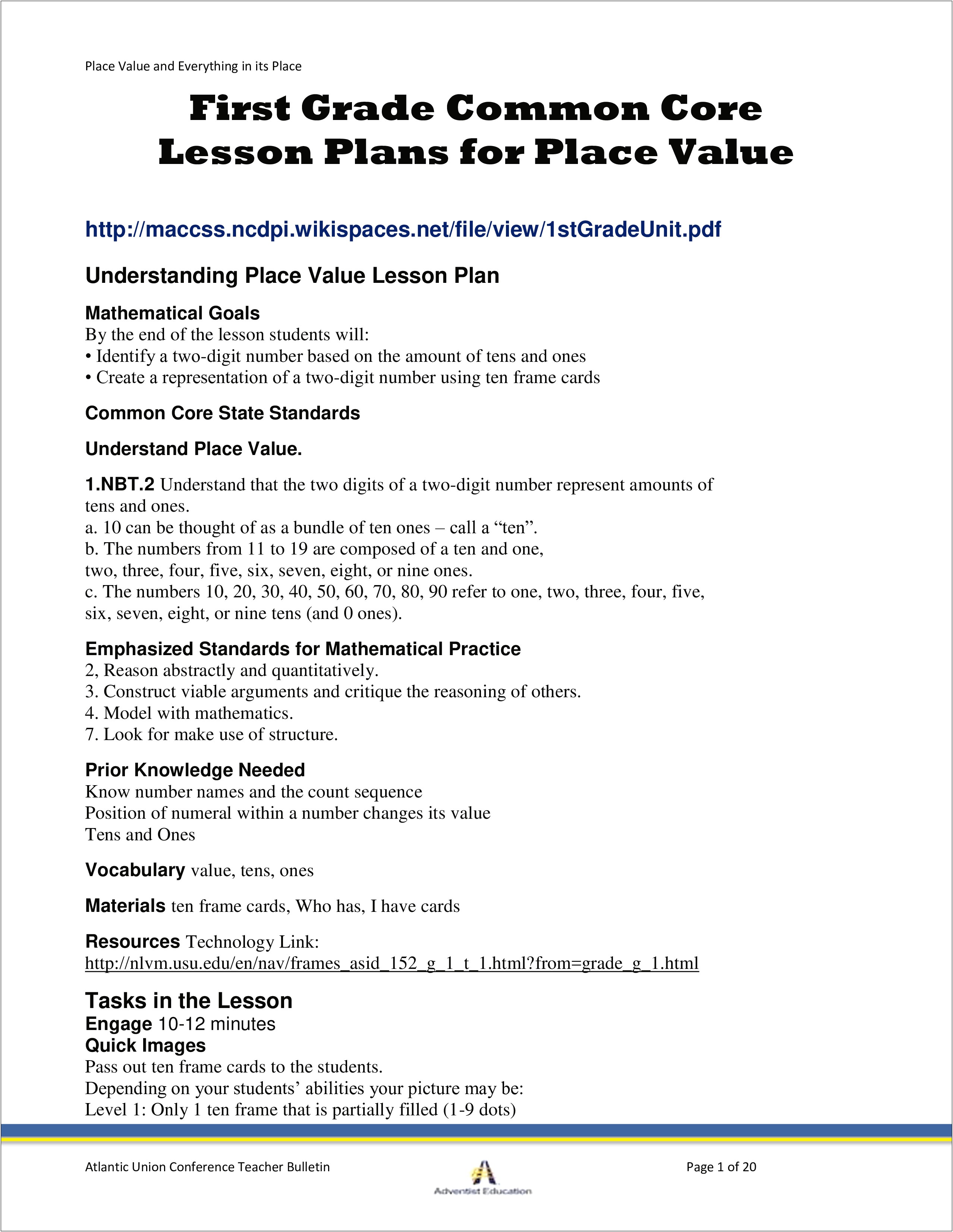 First Grade Weekly Lesson Plan Template