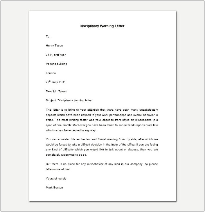 First Warning Letter To Employee Template