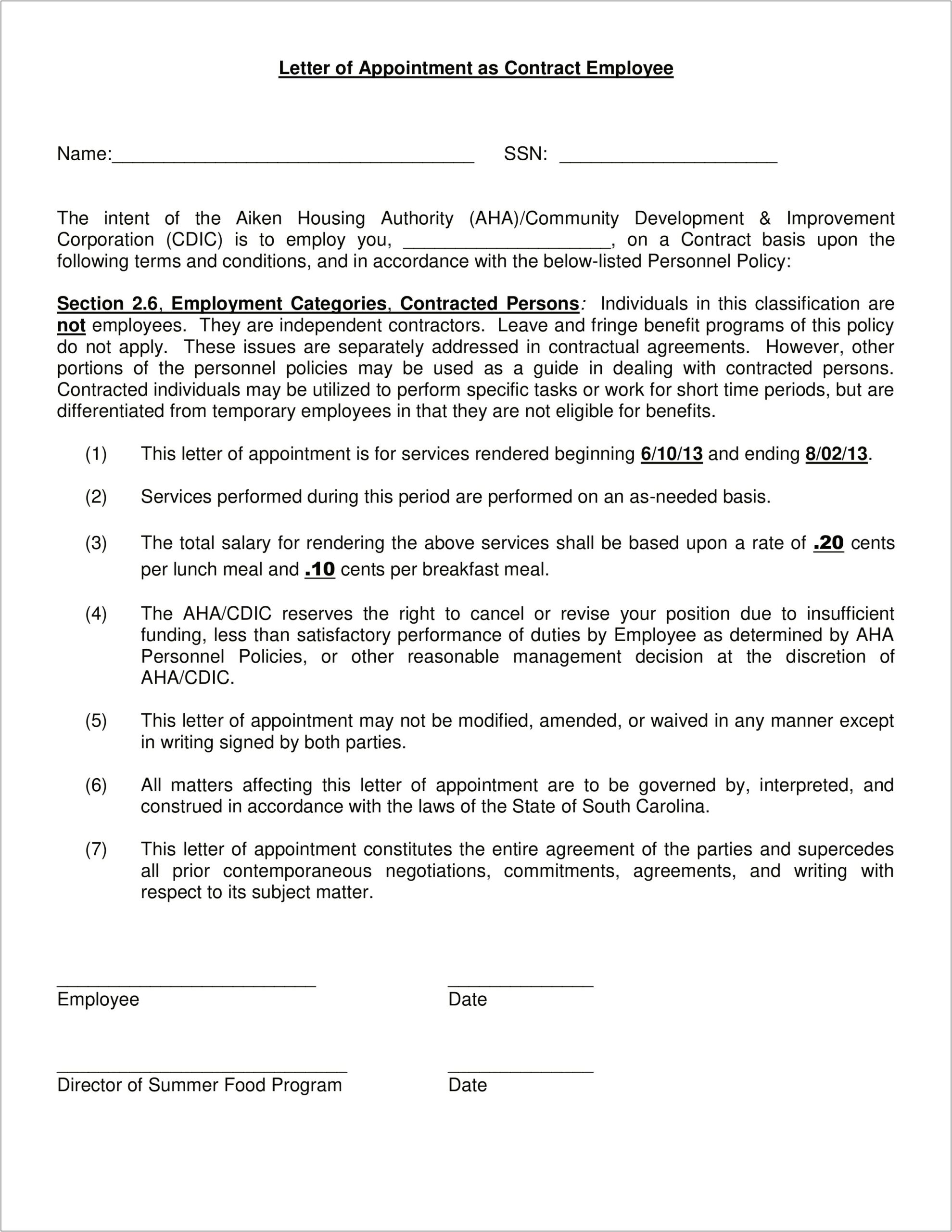 Fixed Term Contract Offer Letter Template