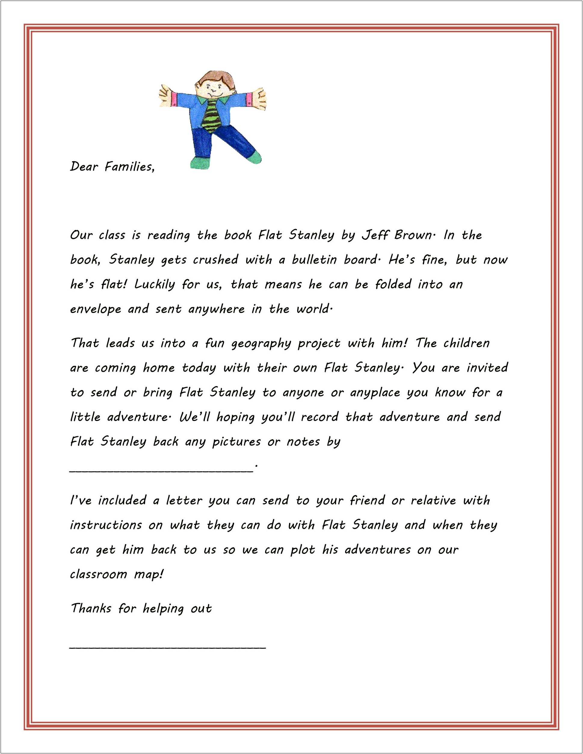 Flat Stanley Letter To Parents Template