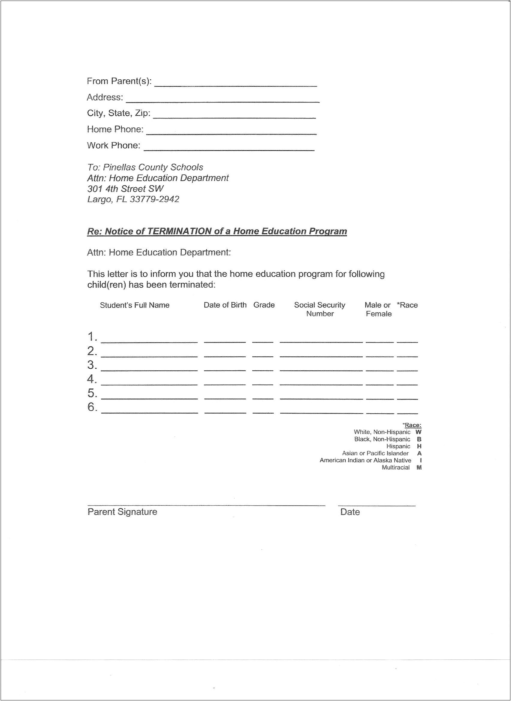 Florida Letter Of Intent To Homeschool Template