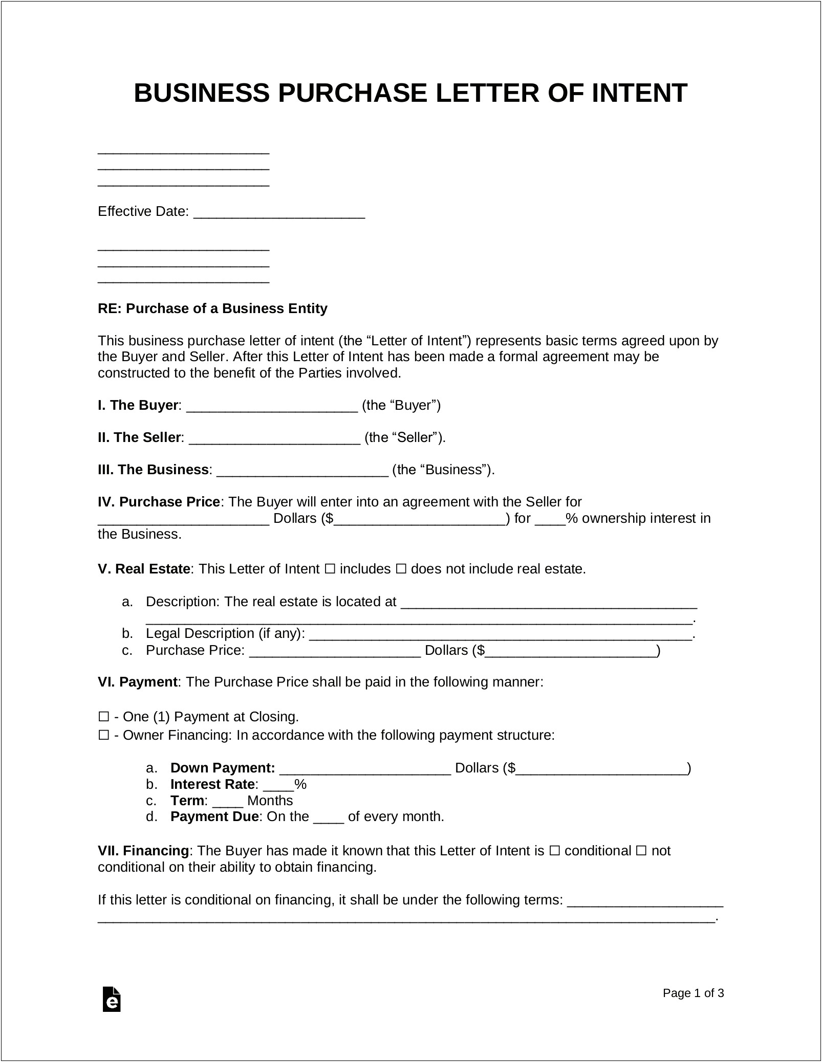 Florida Letter Of Intent To Purchase Template