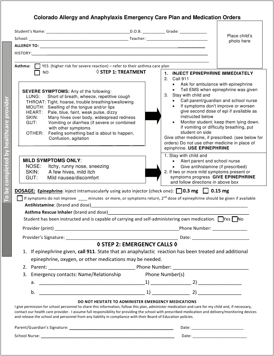 Food Allergy Emergency Action Plan Template