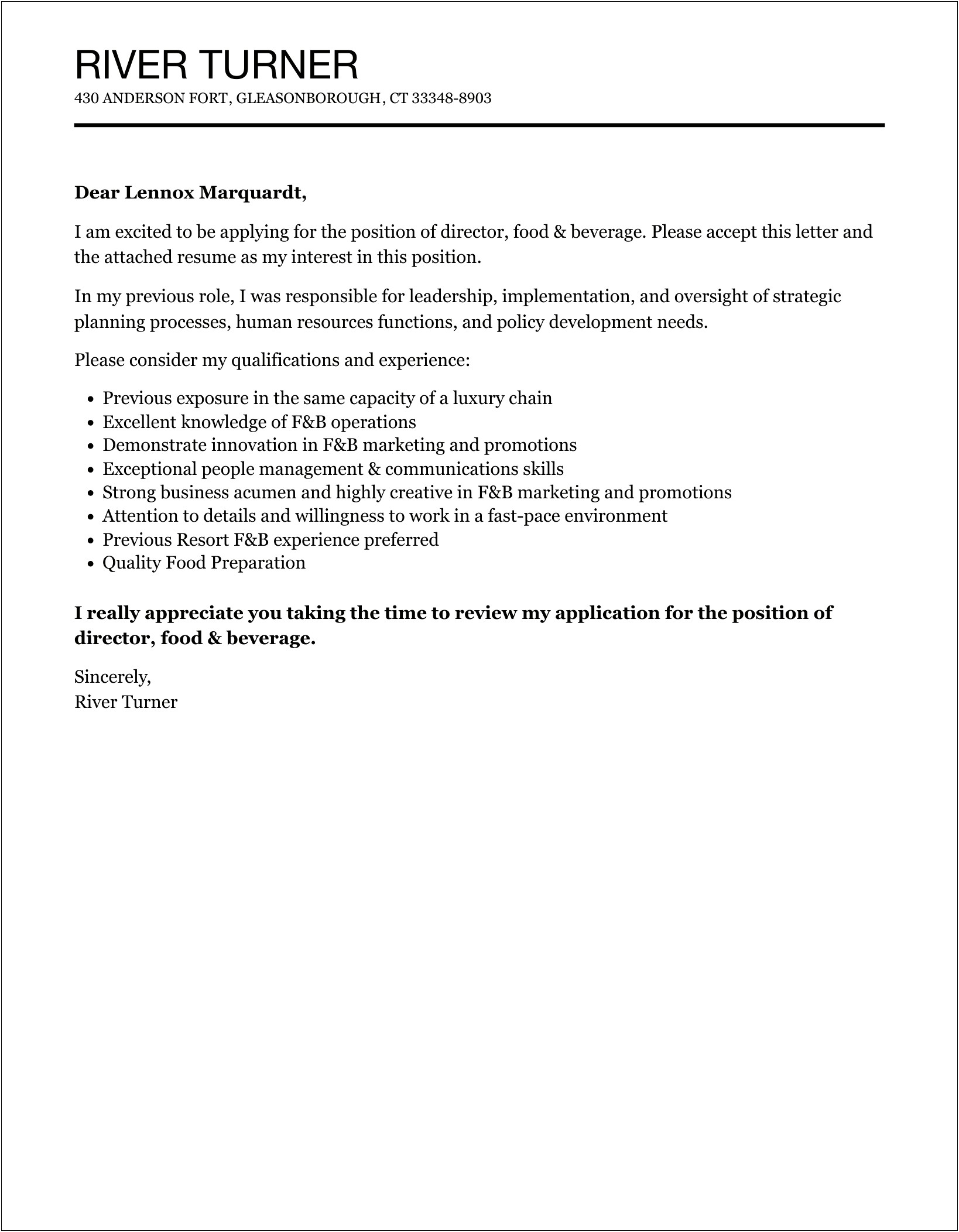 Food And Beverage Cover Letter Templates