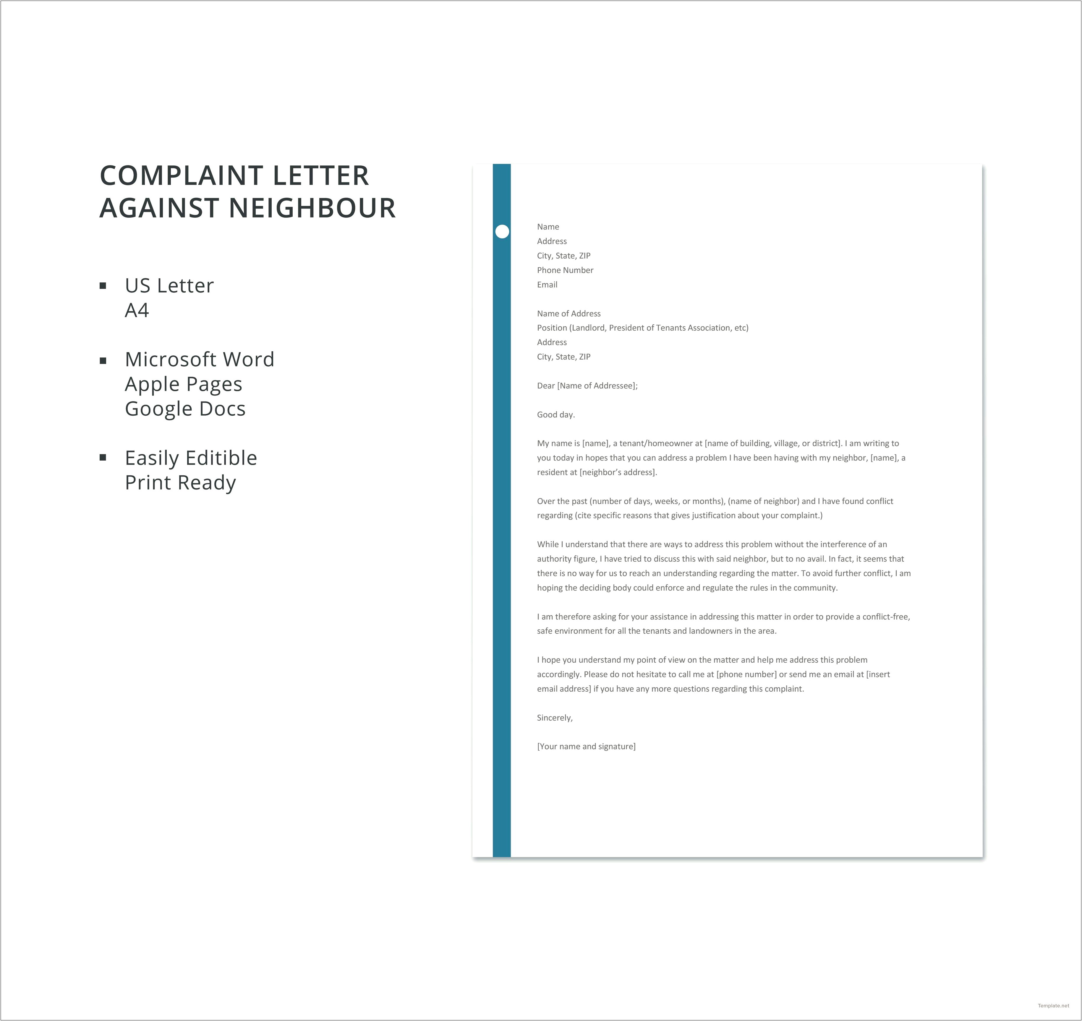 Formal Complaint Letter Template Neighbors City