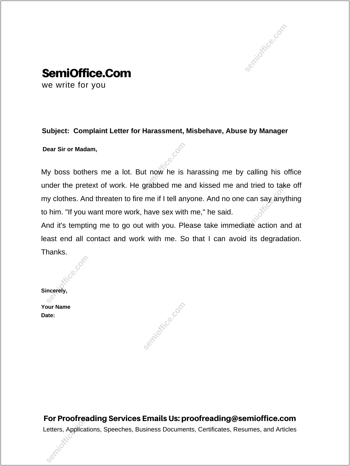 Formal Complaint Letter Template Workplace Bullying