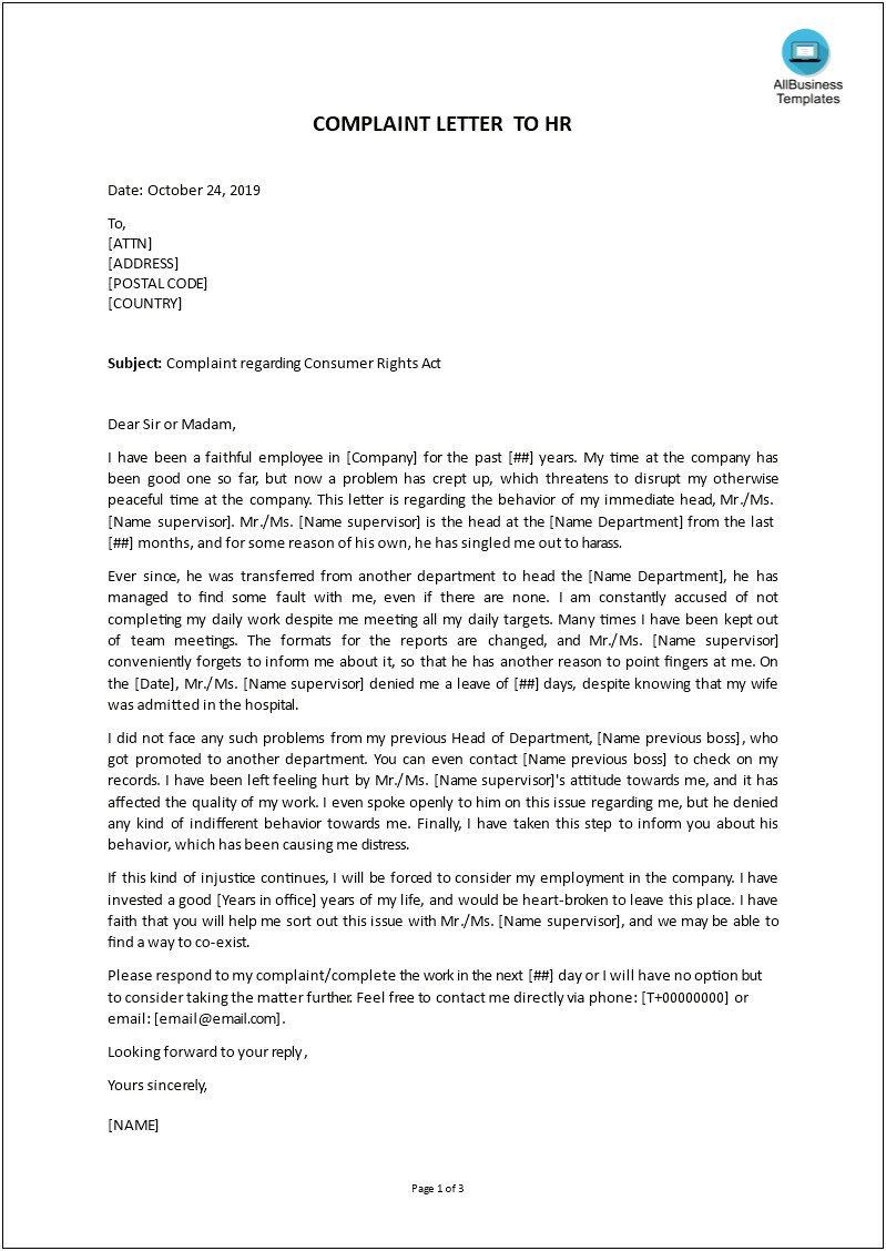 Formal Complaint Letter To Hr Template