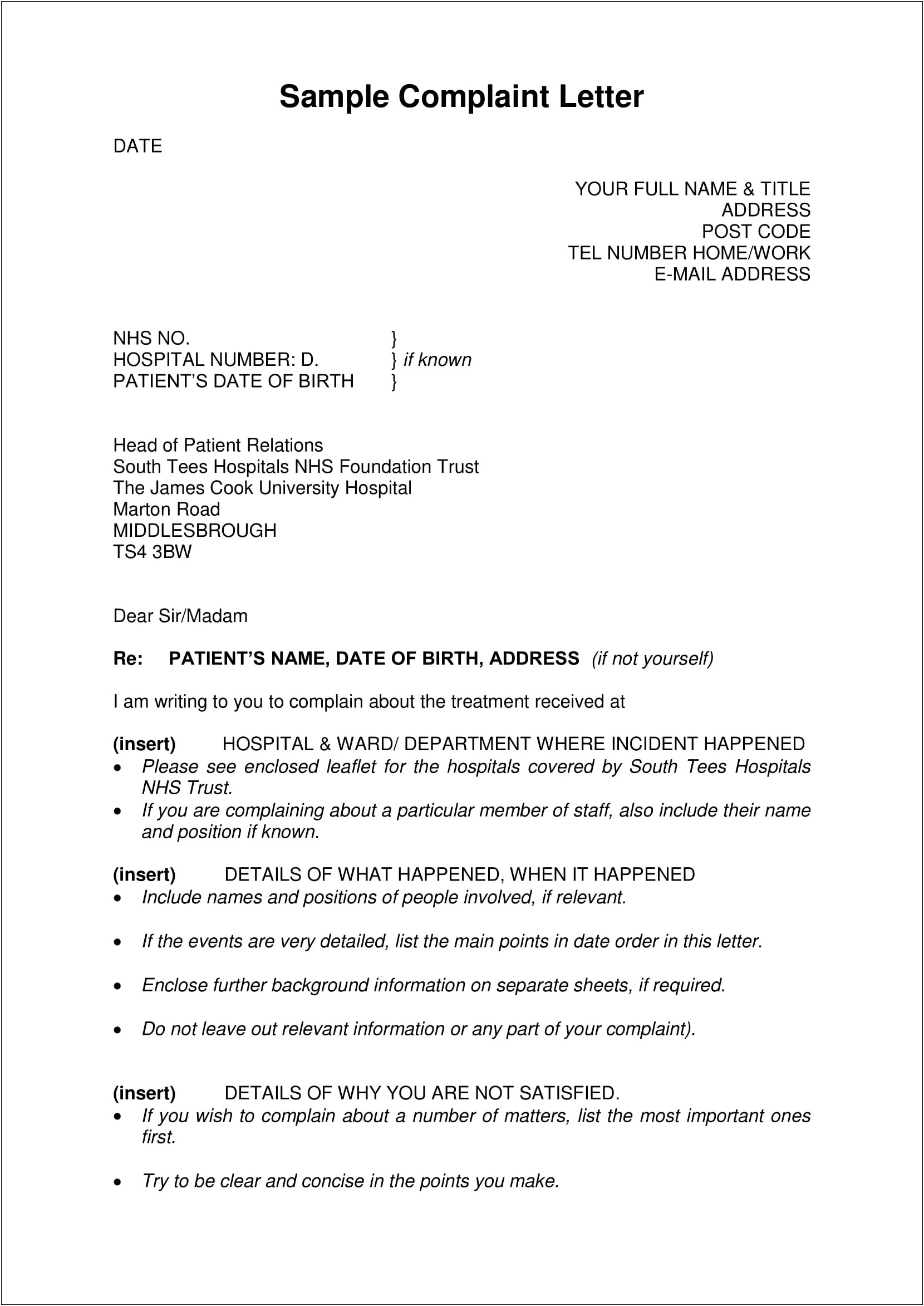 Formal Letter Of Complaint Template Uk