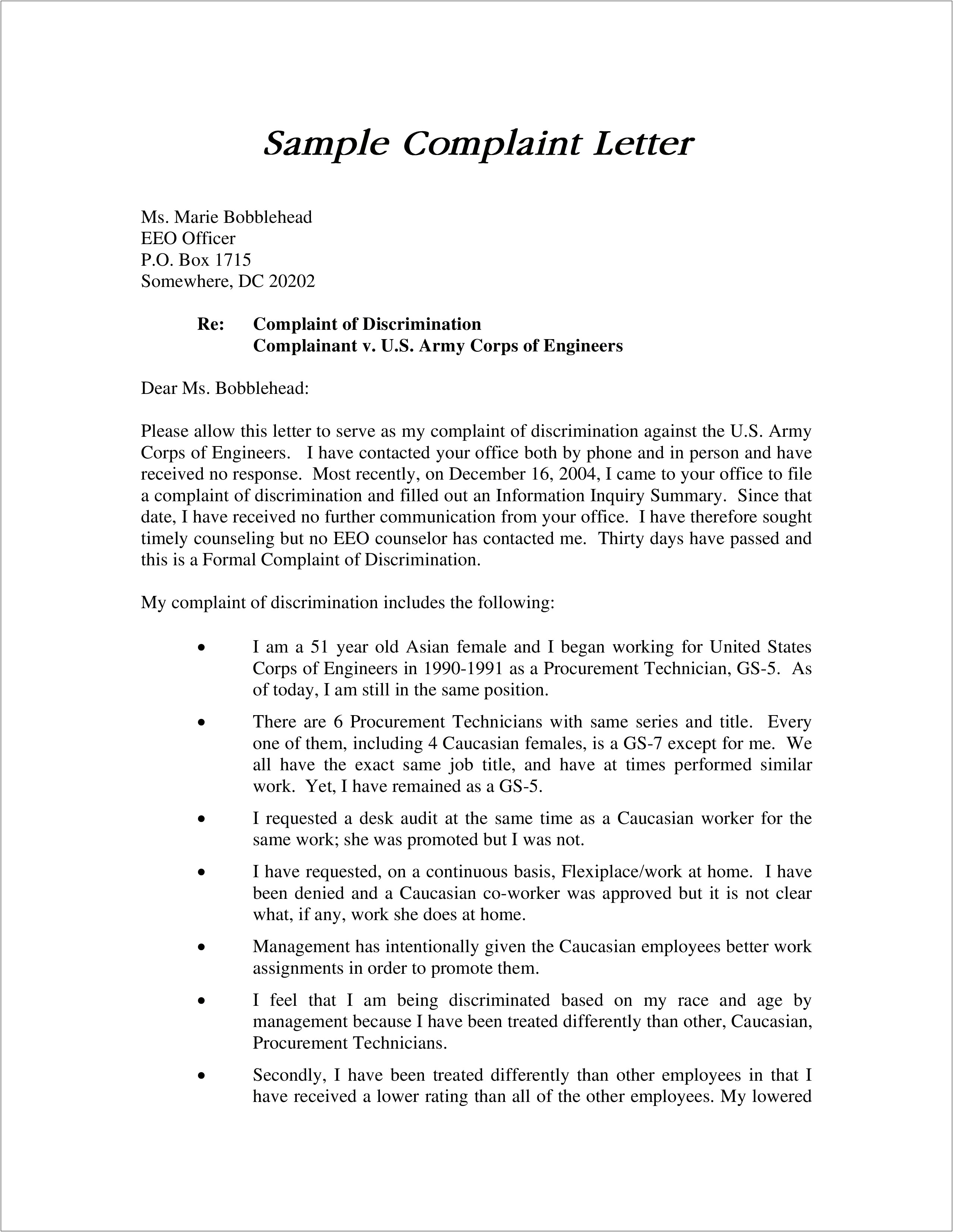 Formal Letter Of Complaint To Employer Template