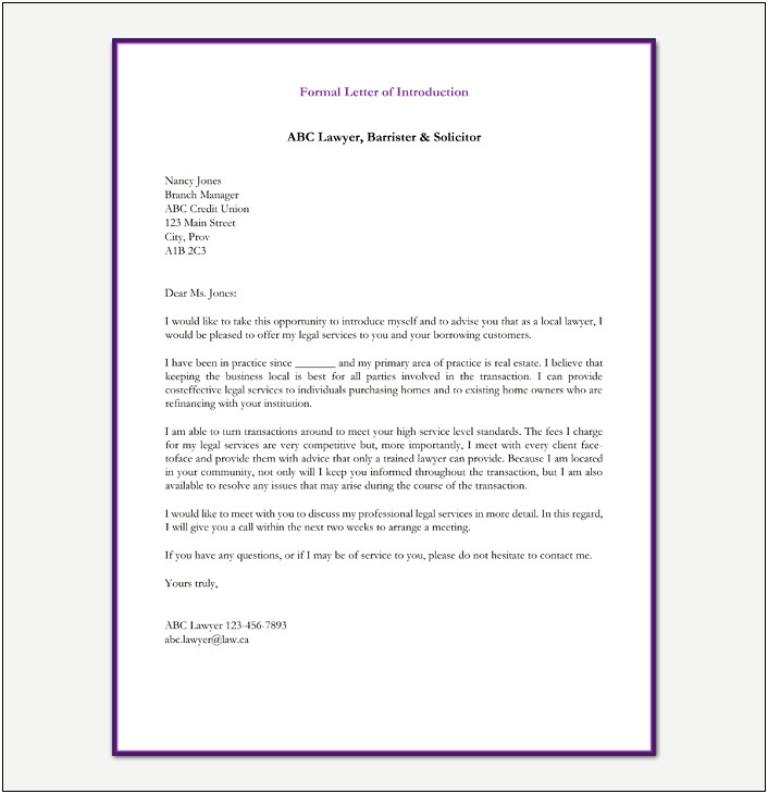 Formal Letter Of Introduction Template Art