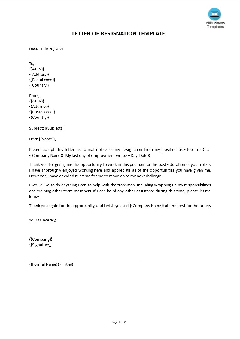 Formal Letter Of Resignation Template Uk