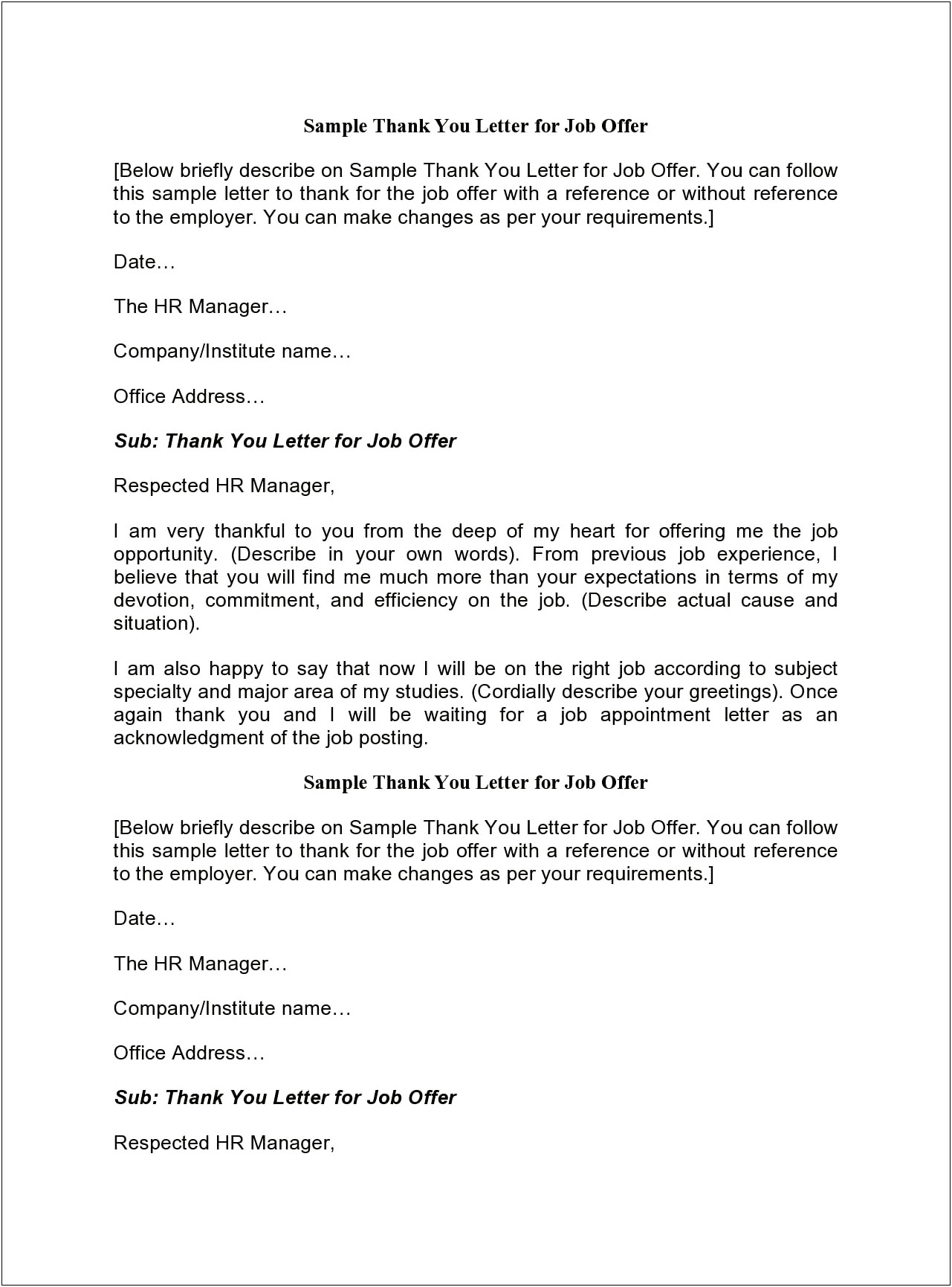 Formal Offer Of Employment Letter Template