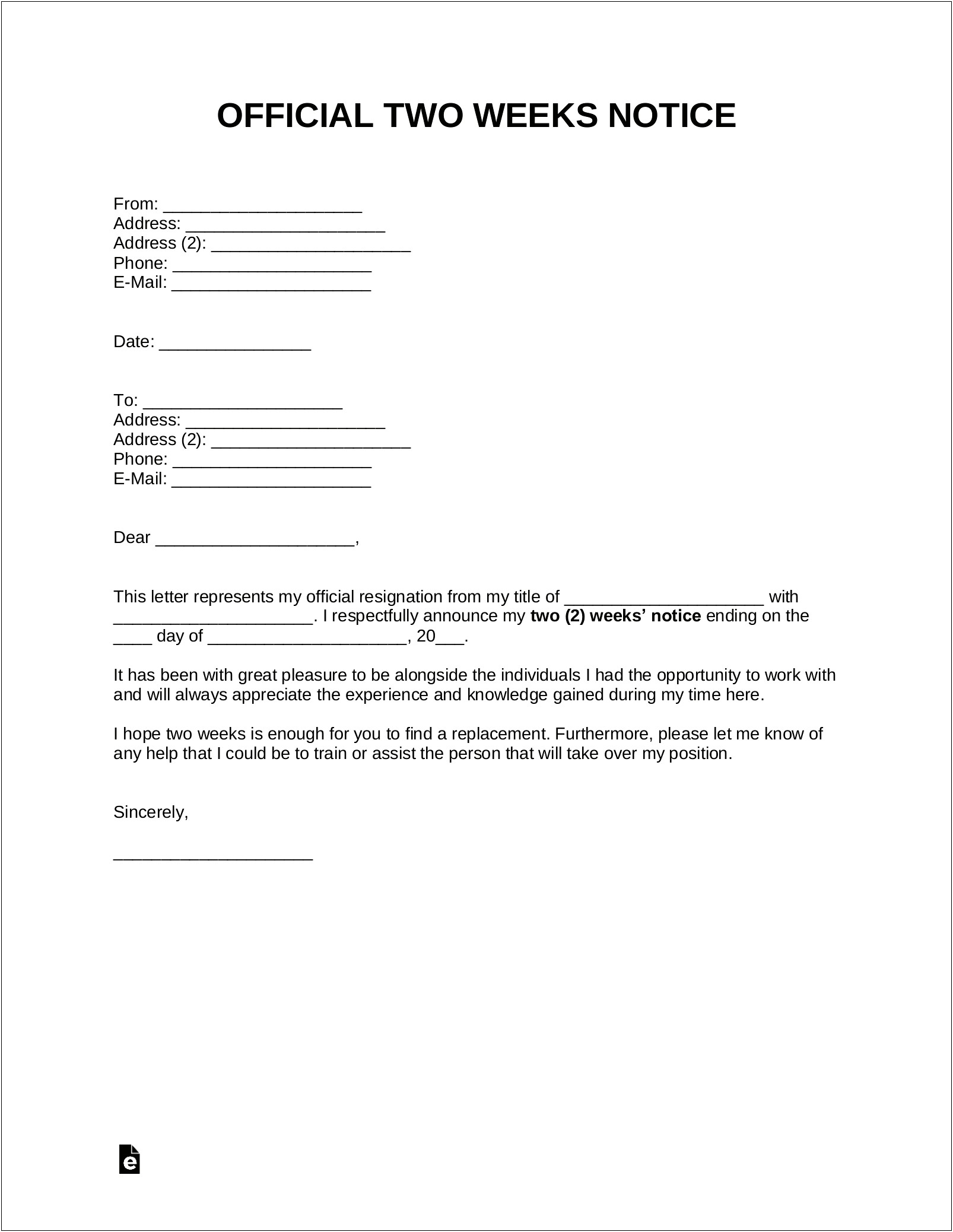 Formal Resignation Letter With 2 Weeks Notice Template