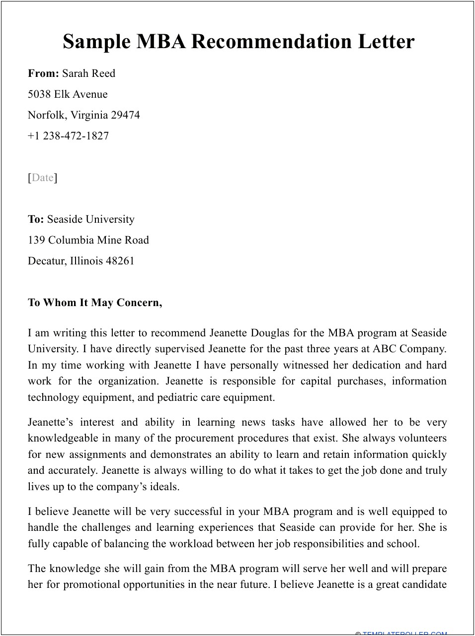 Former Employee Letter Of Recommendation Template