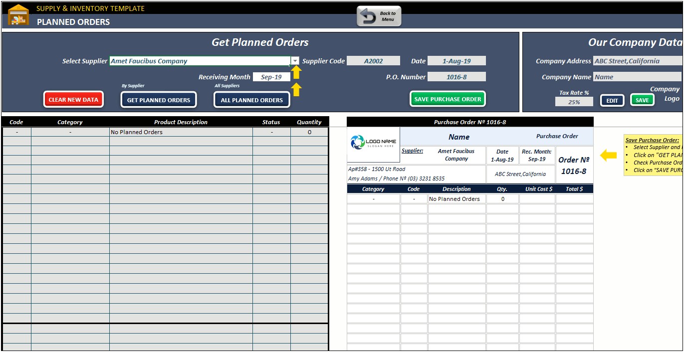 Forward Inventory Ordering Planning Excel Template