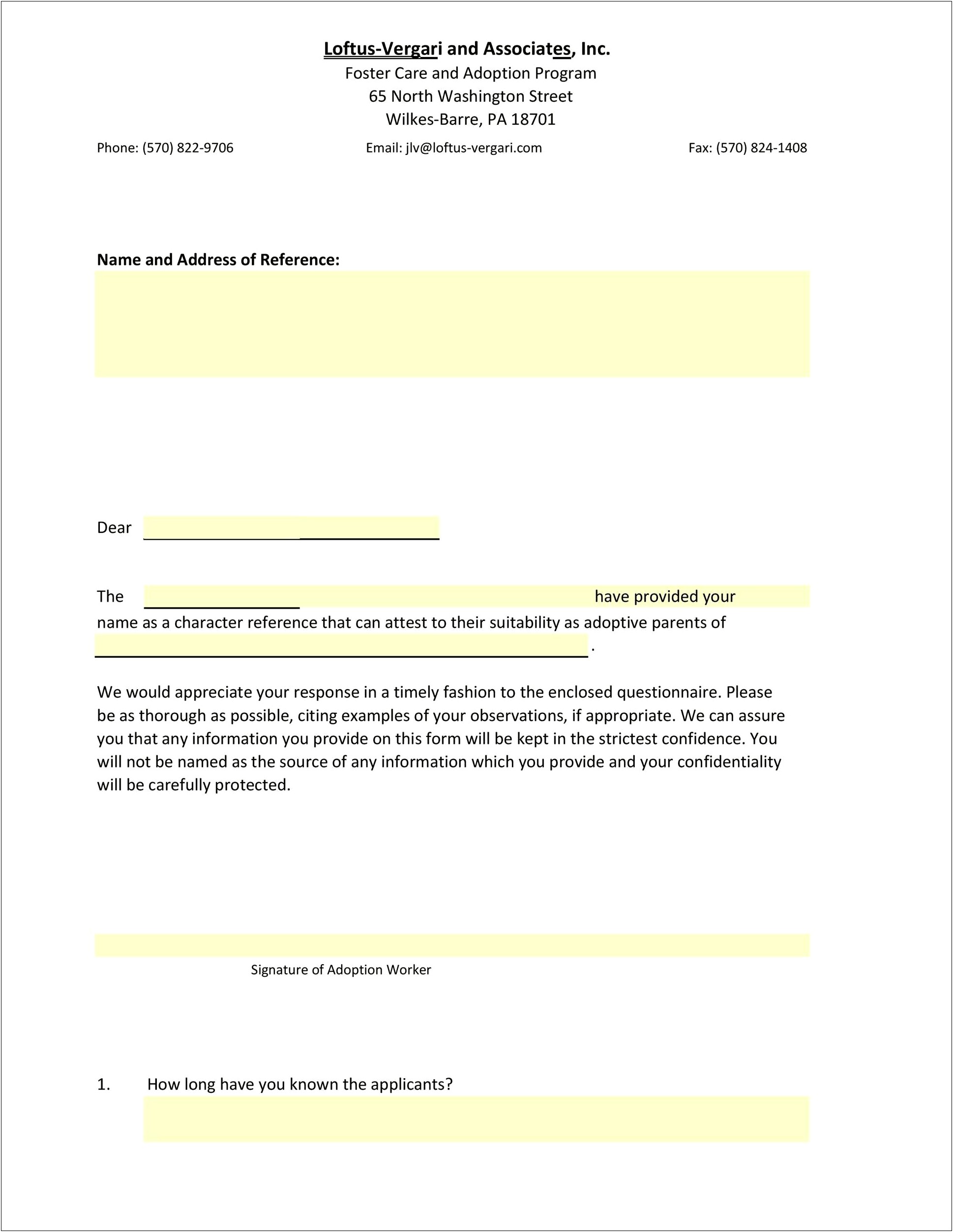 Foster Care Parent Reference Letter Template