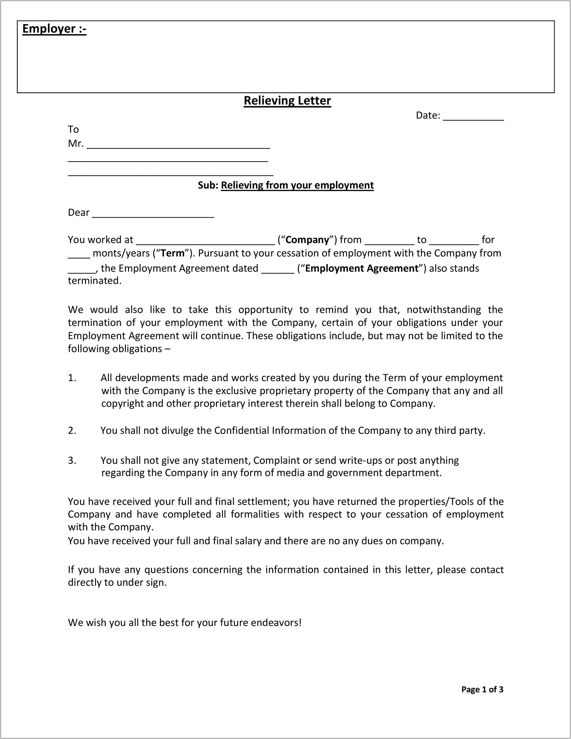 Free Professional Template Letter Of Employment