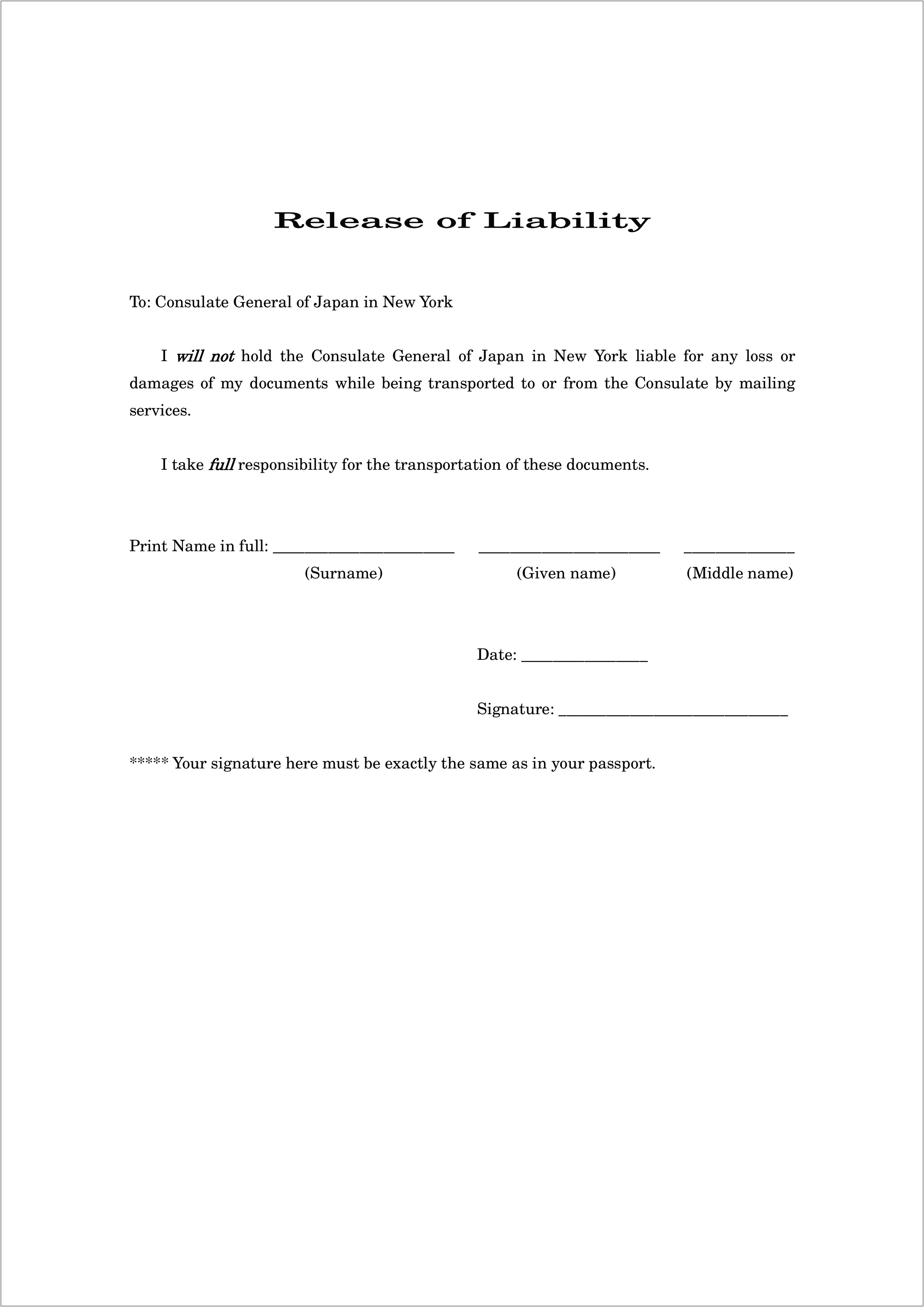 Free Release Of Liability Letter Template