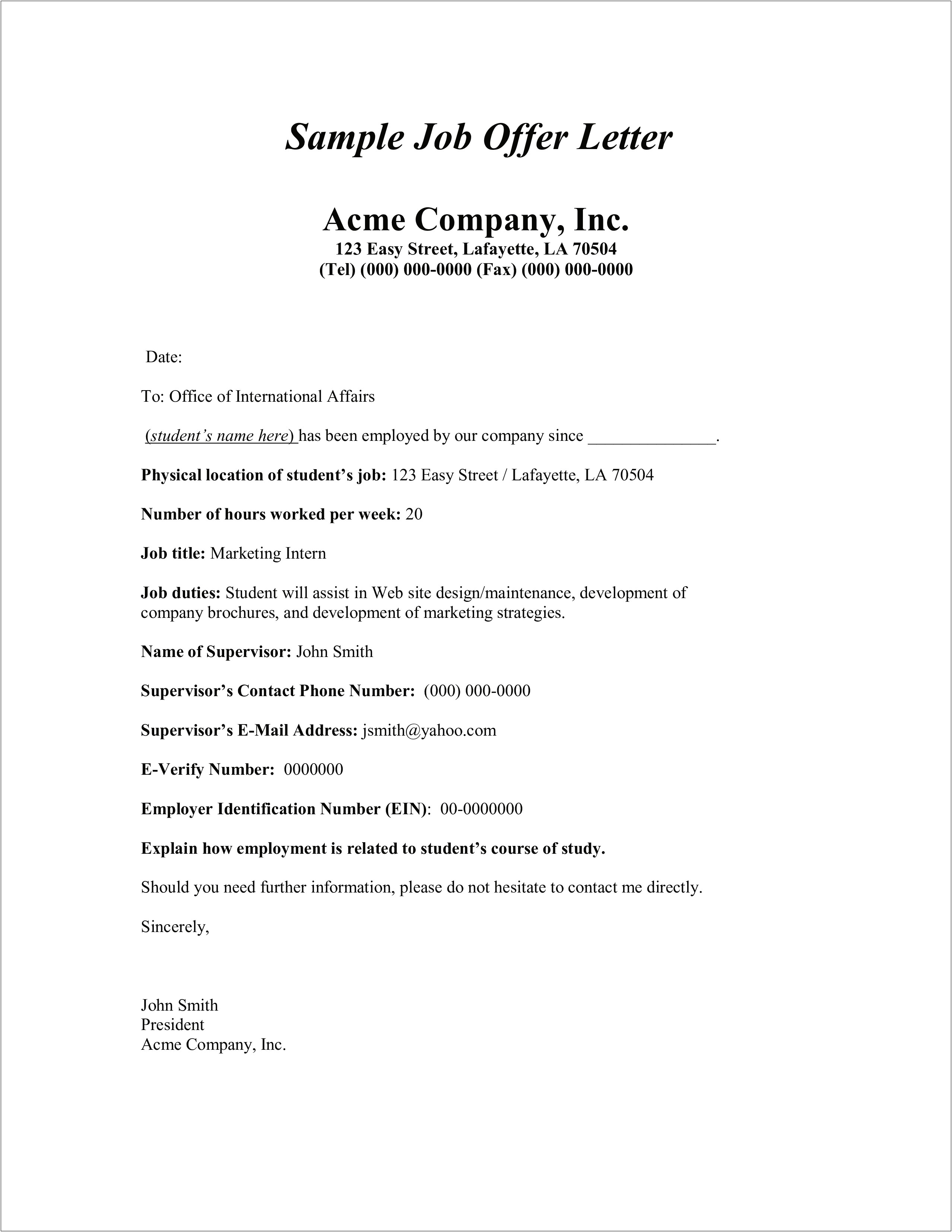 Free Sample Job Offer Letter Template