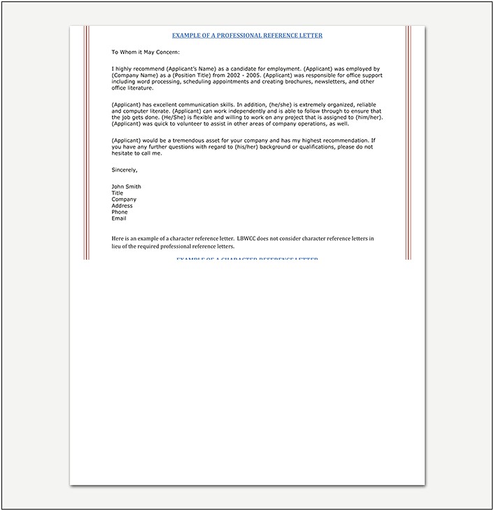 Free Sample Personal Reference Letter Template