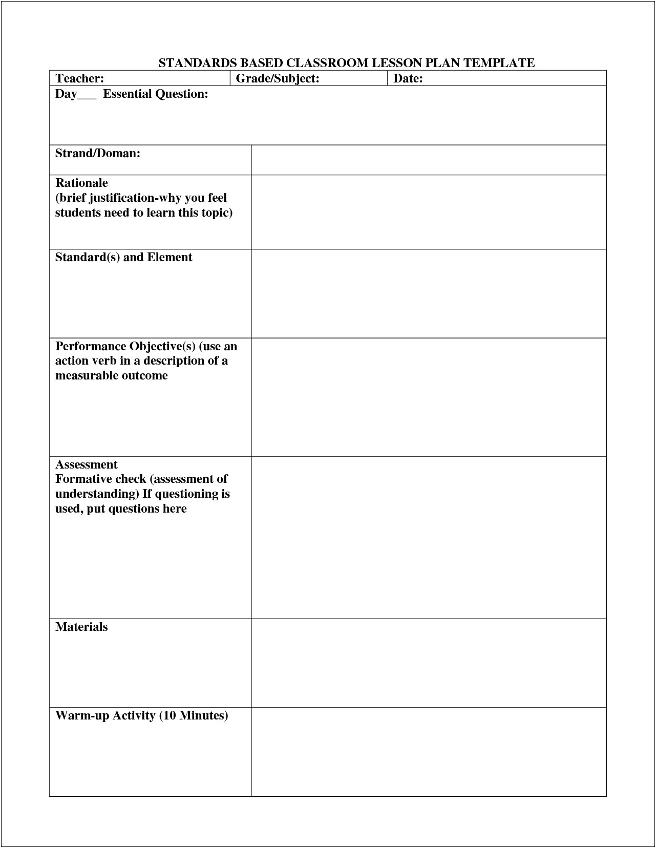 Free Standards Based Lesson Plan Template