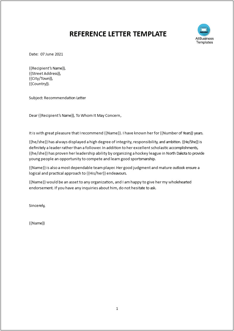 Free Template Character Reference Letter Court