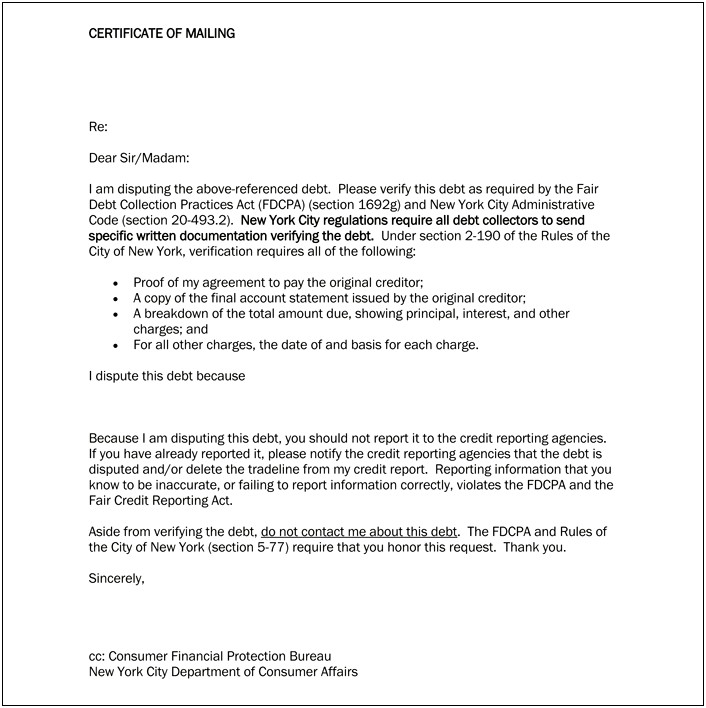 Free Template Debt Dispute Collection Letter