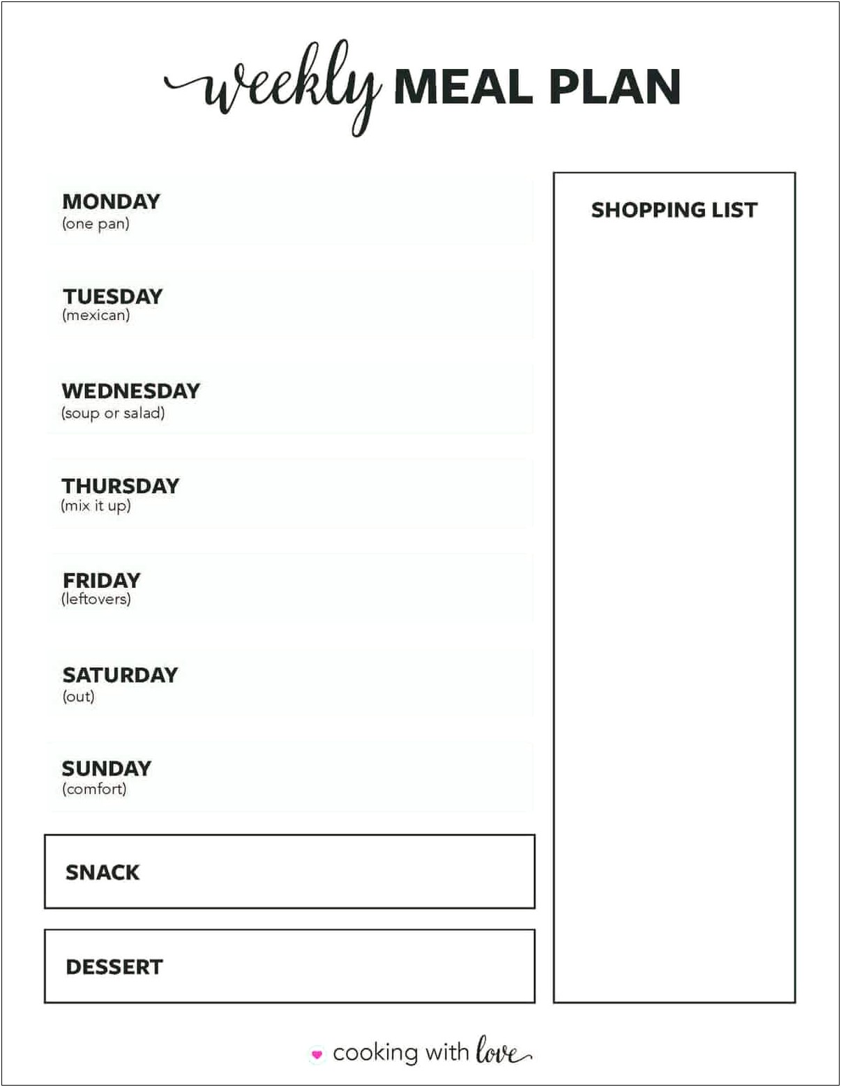 Free Template For Weekly Meal Planning