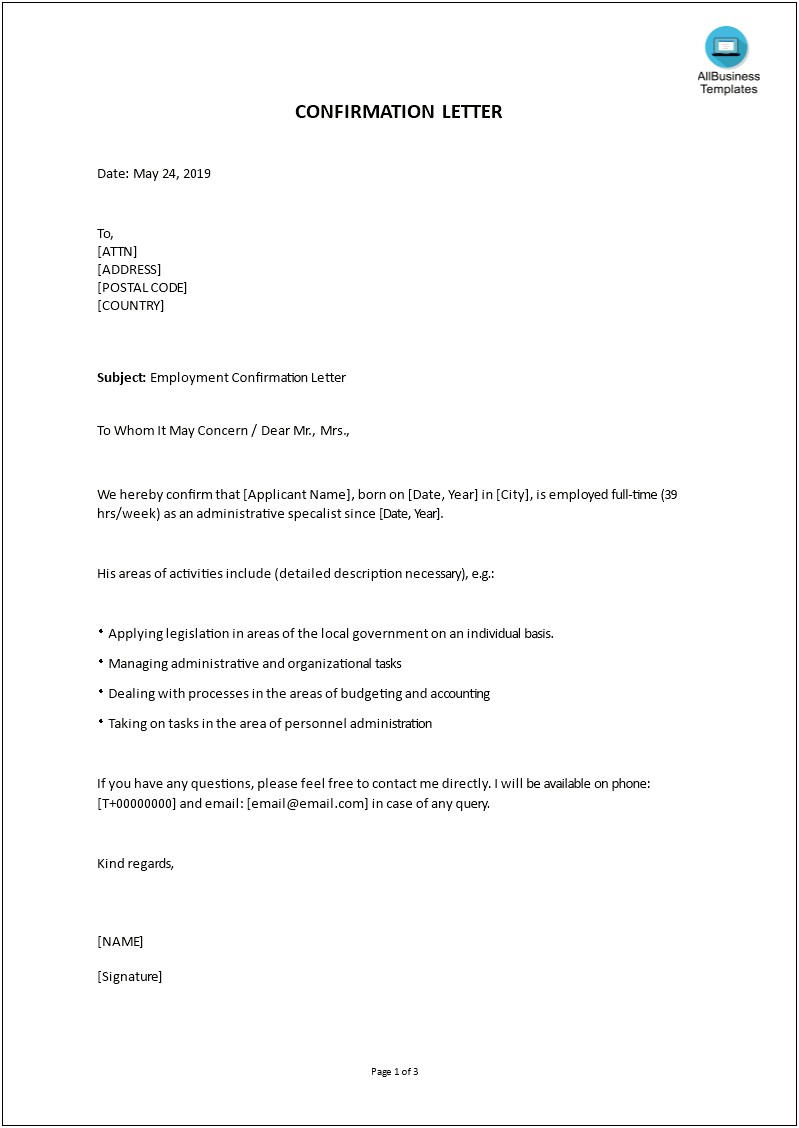 Free Verification Of Employment Letter Template