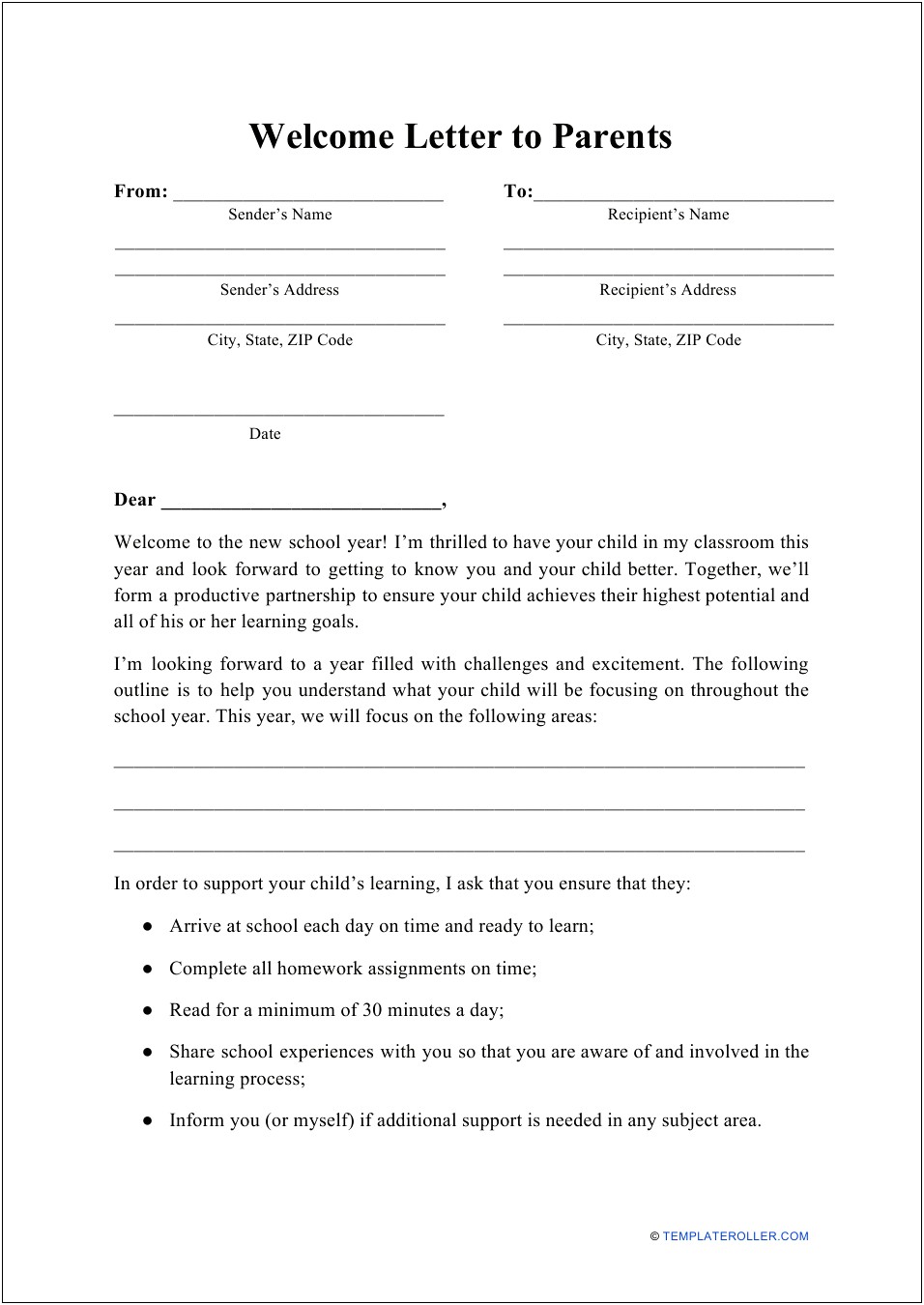 Free Welcome Letter Template For Parents