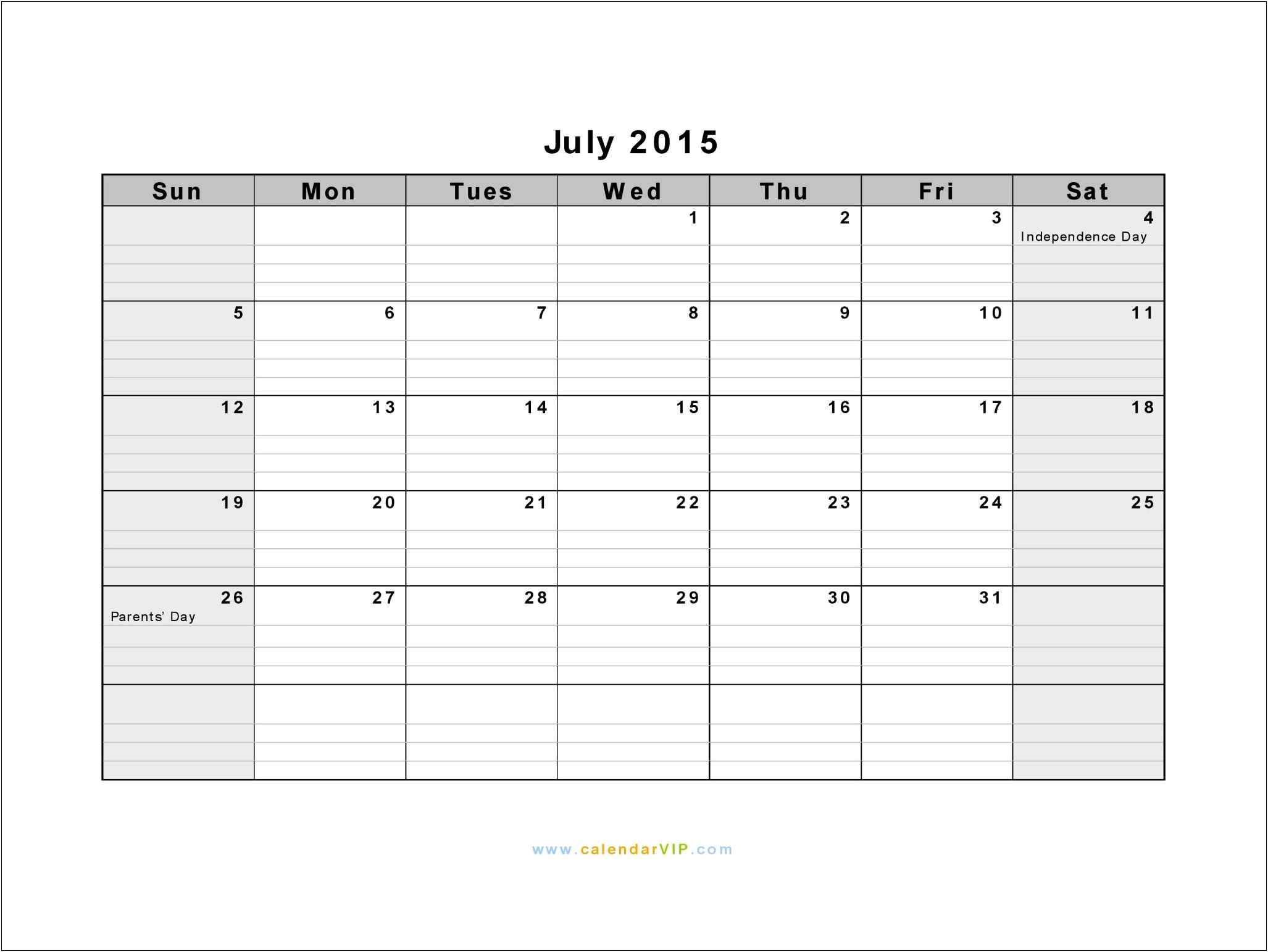 Free Word Calendar Template July 2015