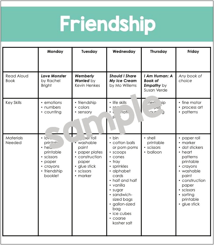 Friendship Lesson Plan Preschool Template Pdf