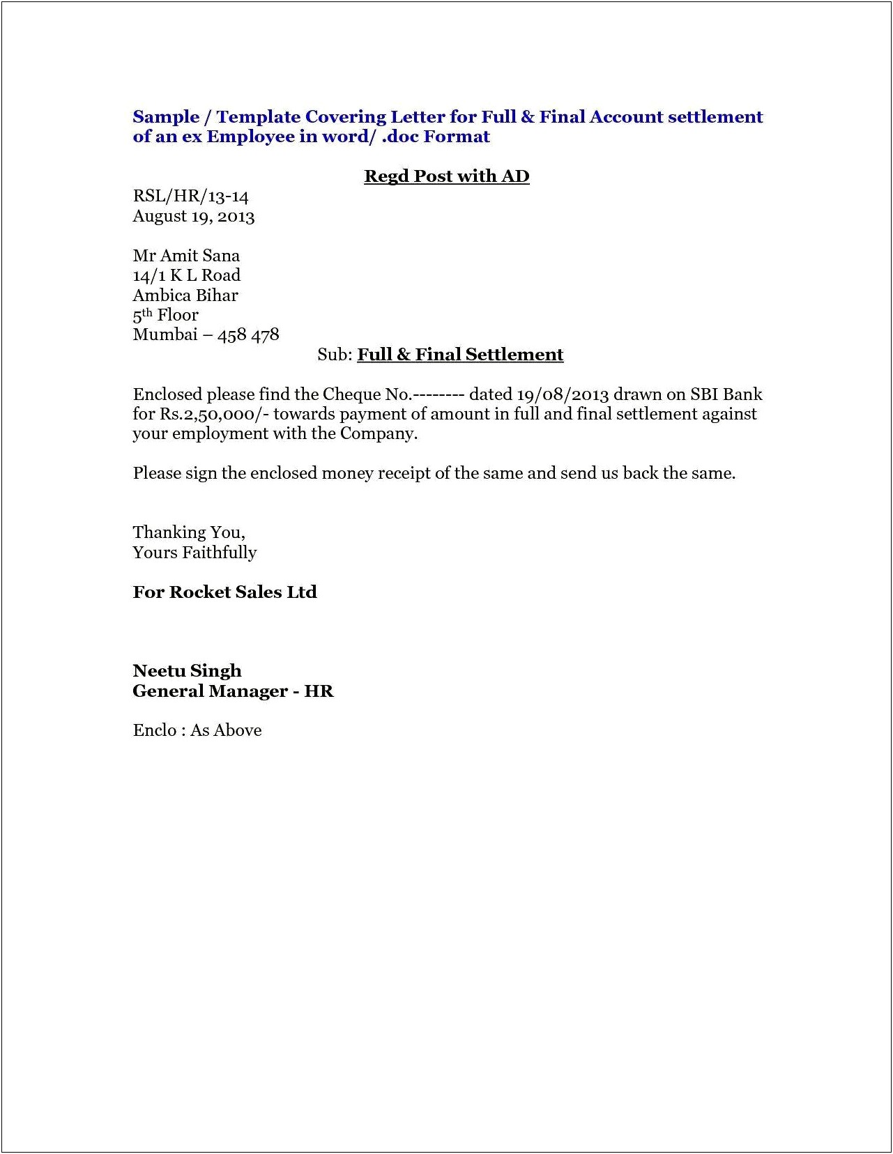 Full And Final Settlement Letter Template