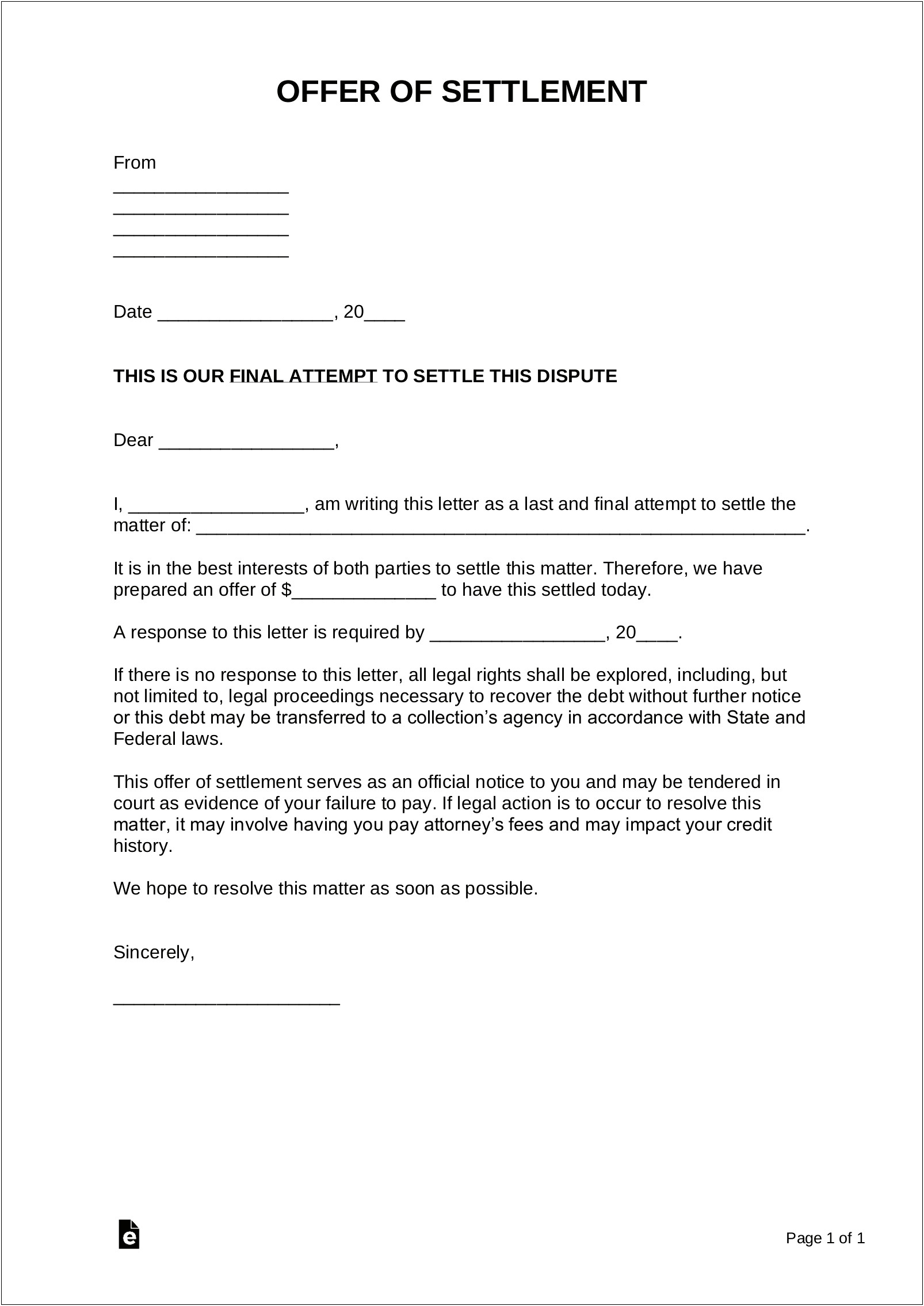 Full And Final Settlement Offer Letter Template