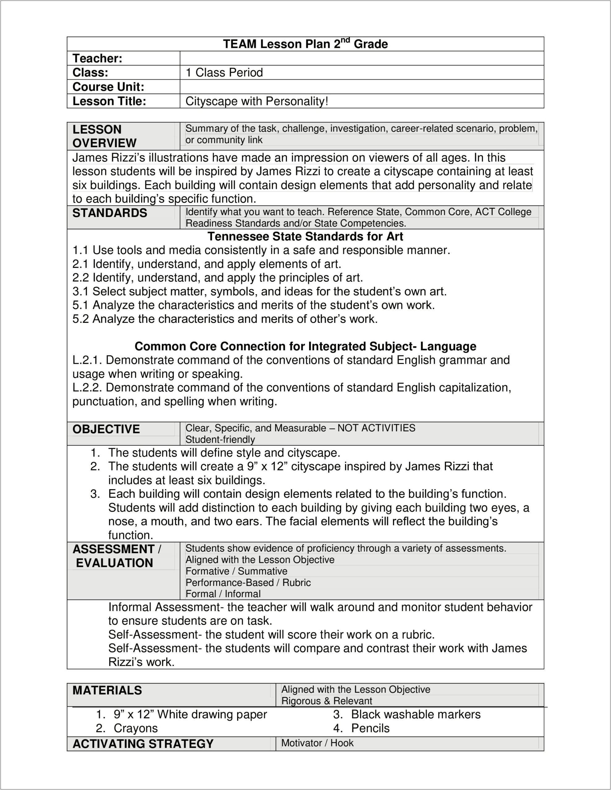 Fundamental 5 Lesson Plan Visual Art Template