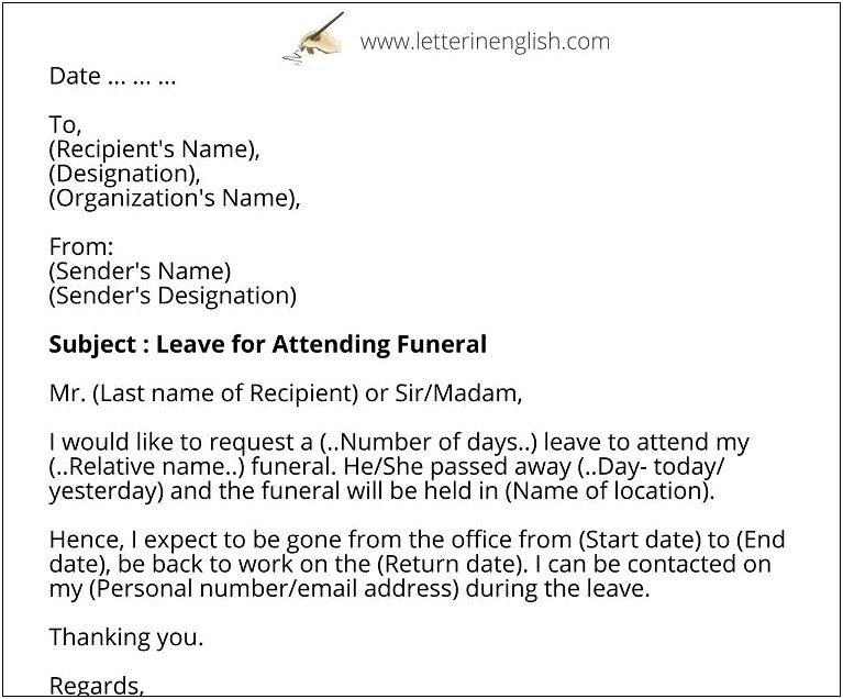 Funeral Letter For Work Excuse Template