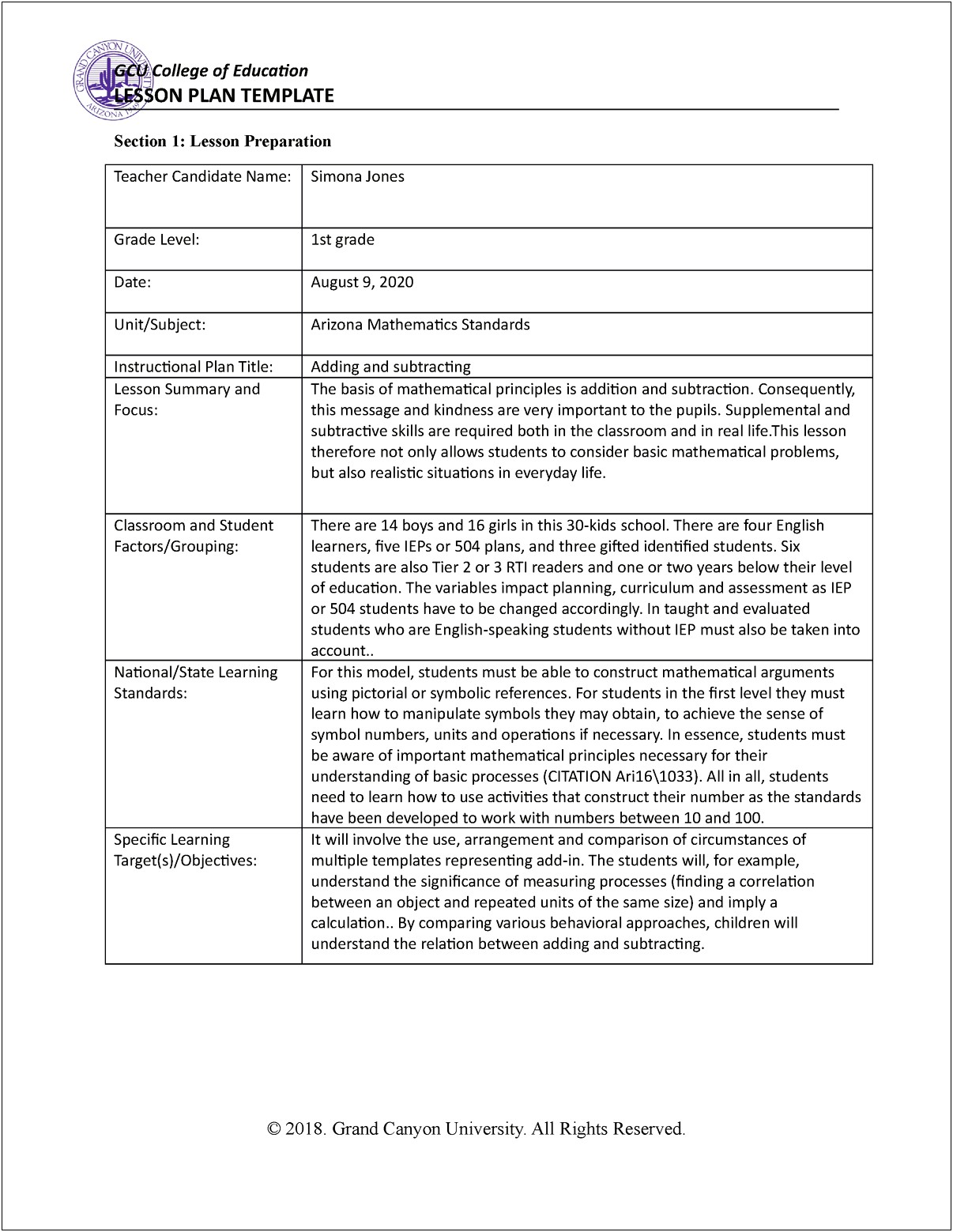 Gcu Coe Lesson Plan Template Doc