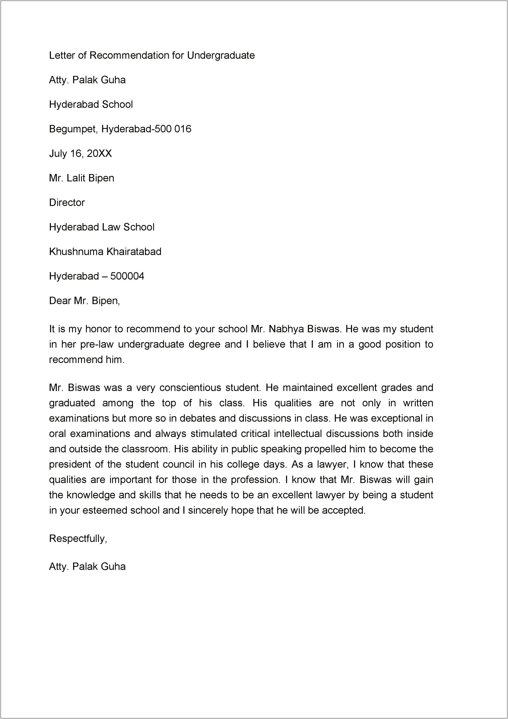 General Letter Of Recommendation For A Student Template