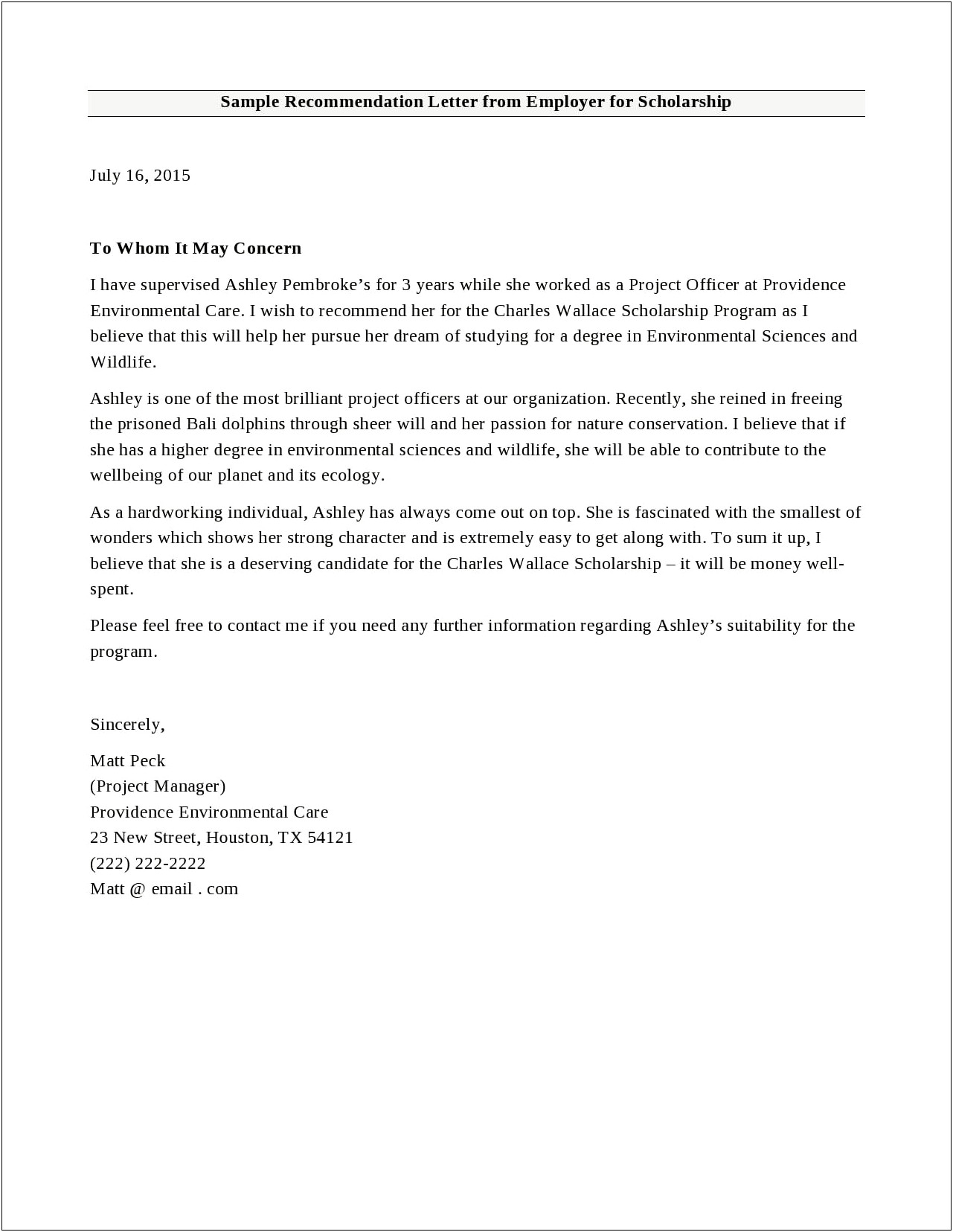 General Letter Of Recommendation For Schlorship Template