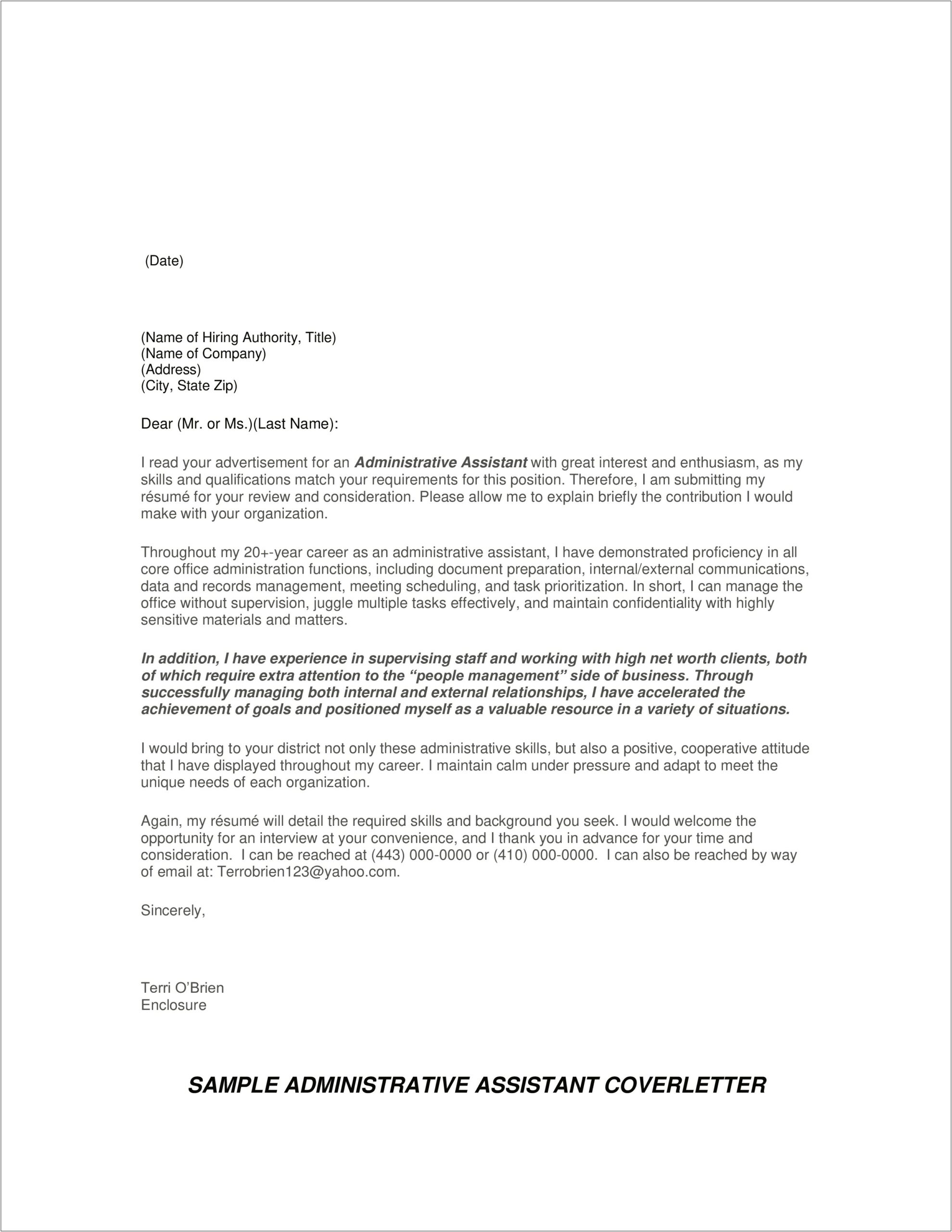 Generic Administrative Assistant Cover Letter Template