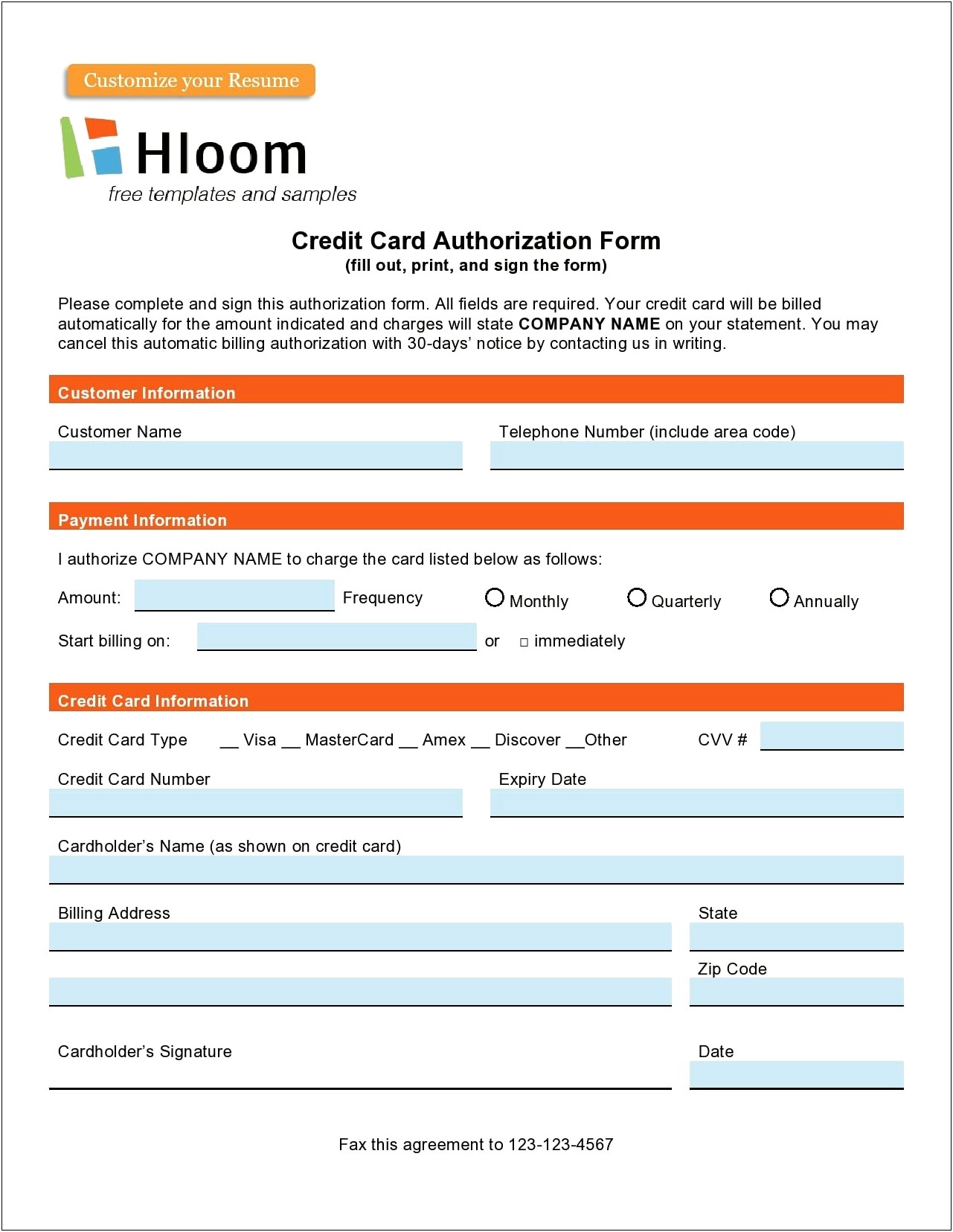 Generic Credit Card Authorization Form Template