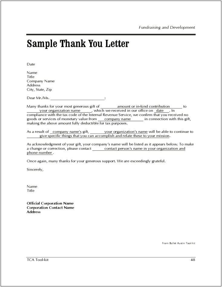 Gift In Kind Thank You Letter Template