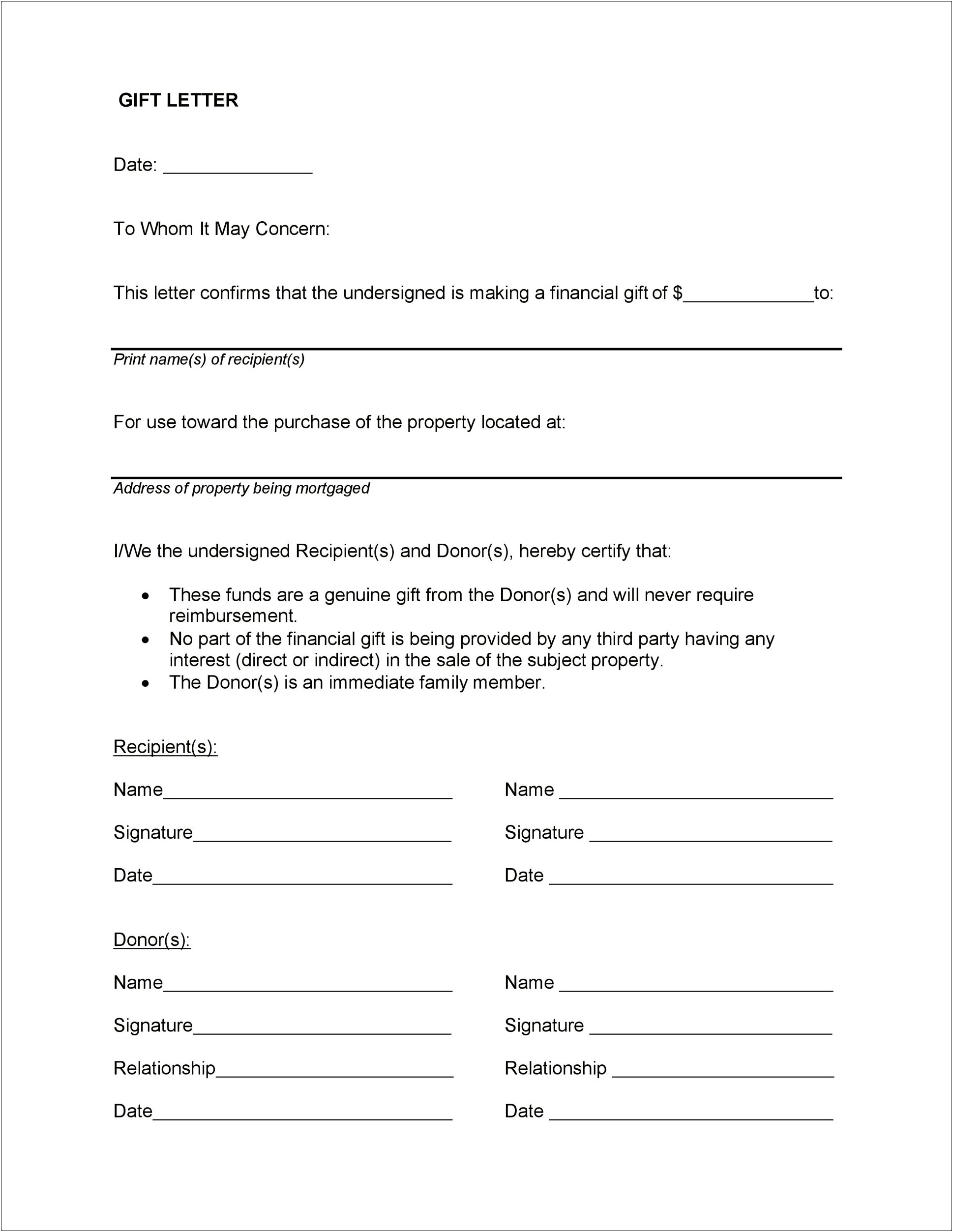 Gift Of Equity Gift Letter Template