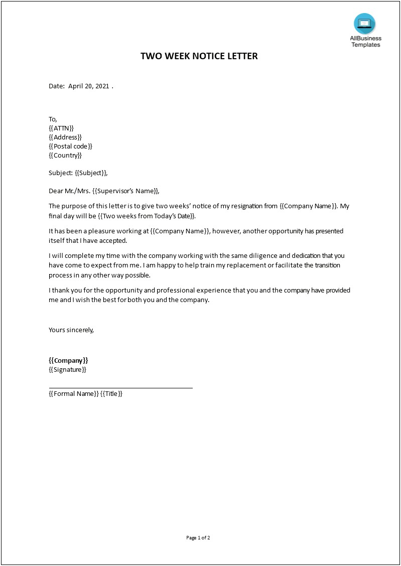 Giving A 2 Week Notice Letter Template