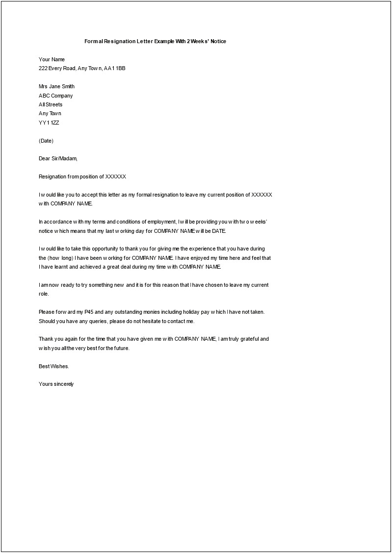 Giving Two Weeks Notice Letter Template