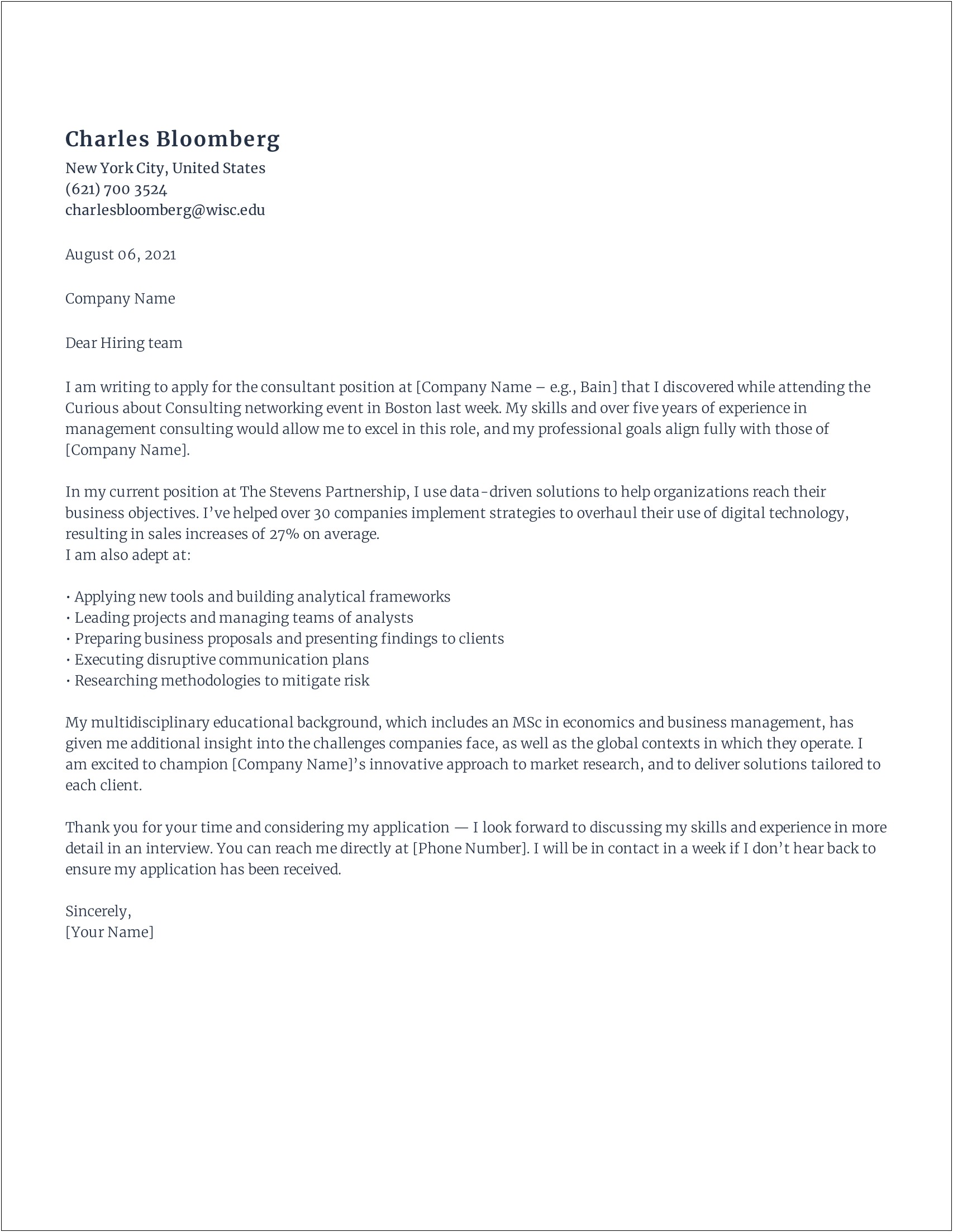 Good Graduate Business Cover Letter Template Boston College