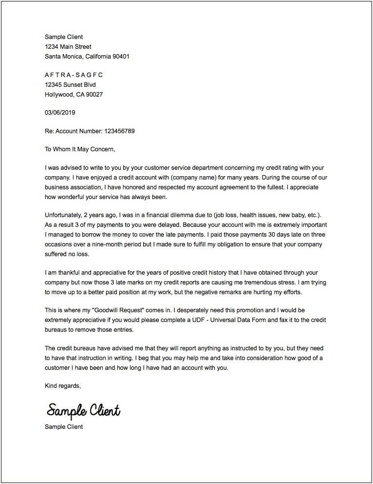 Goodwill Letter To Collection Agency Template