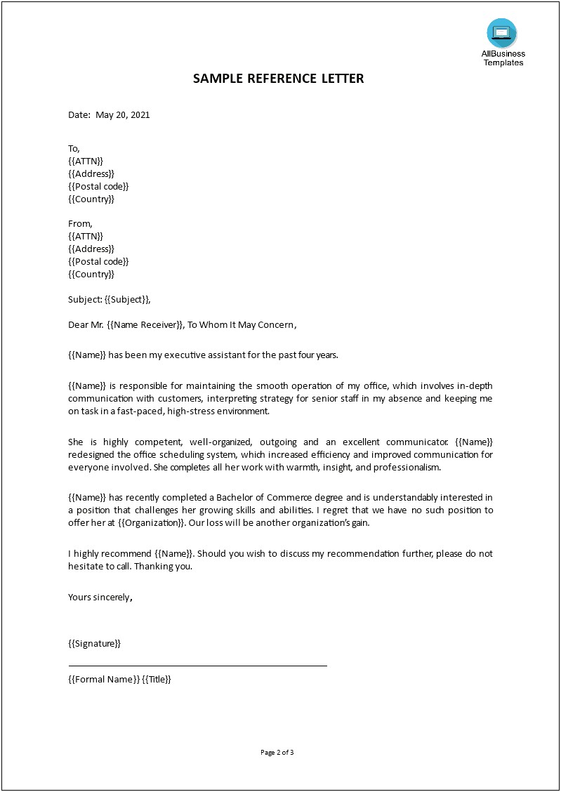 Google Doc Personal Reference Letter Template